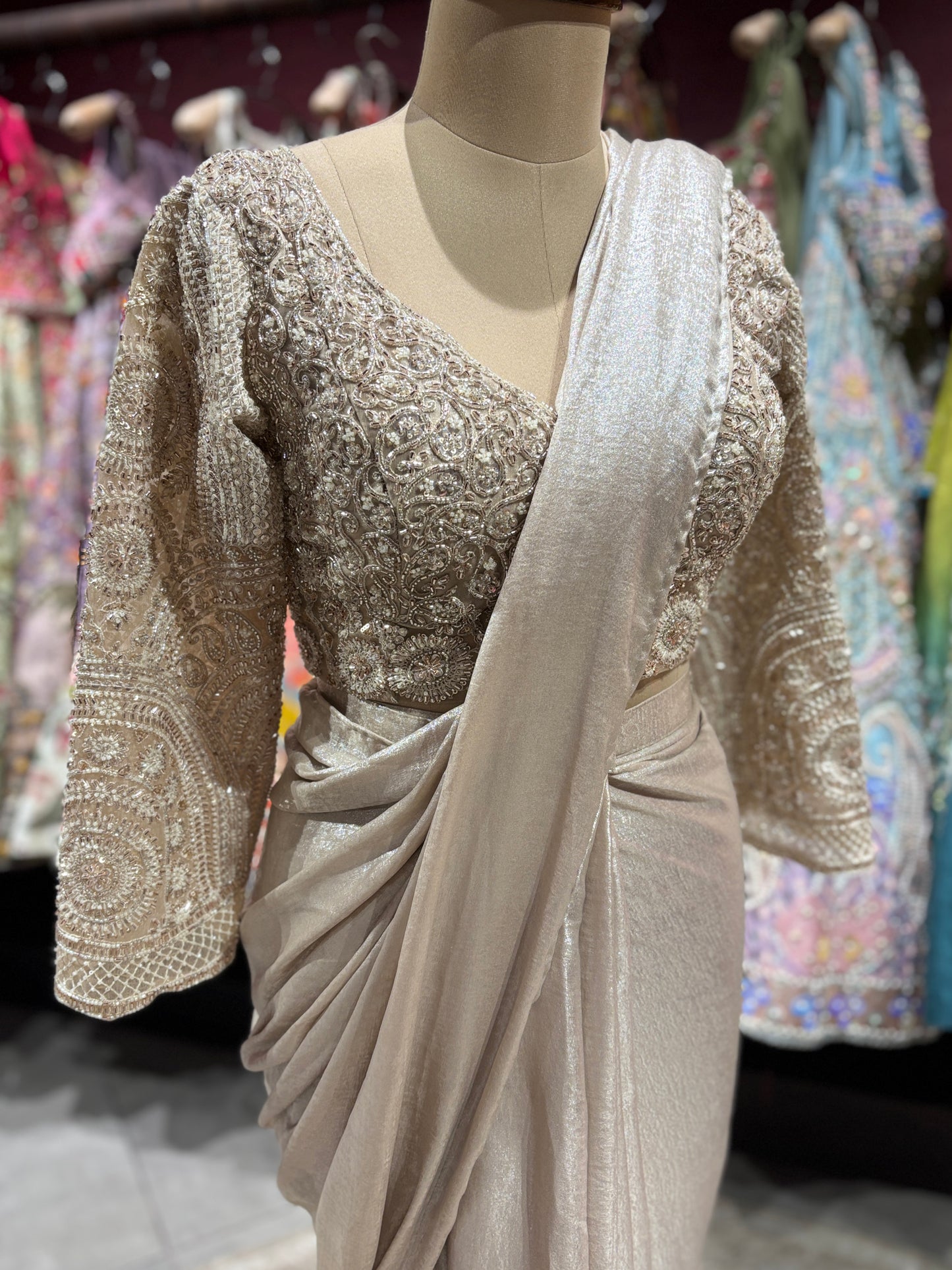 Champagne Beige Drape Saree with Embroidered Blouse
