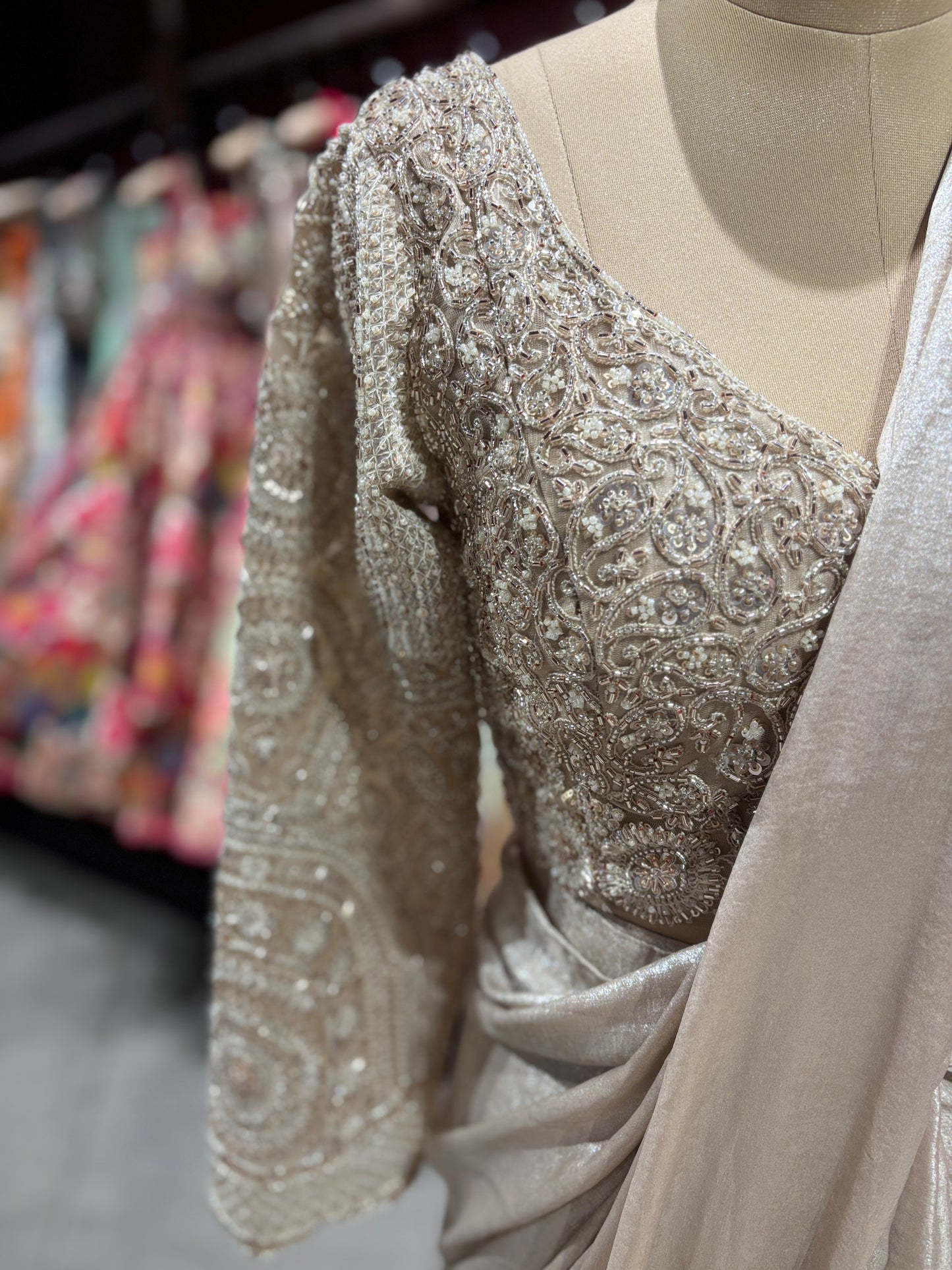 Champagne Beige Drape Saree with Embroidered Blouse