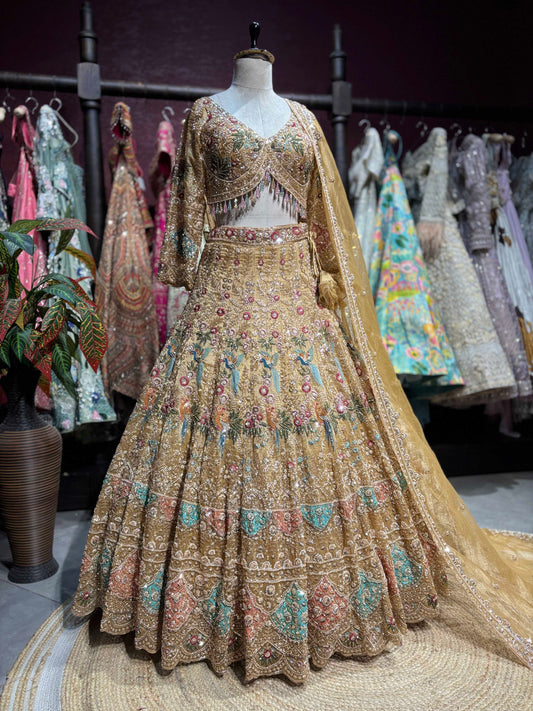 Antique Gold Peacock Embroidered Non Bridal Lehenga Set