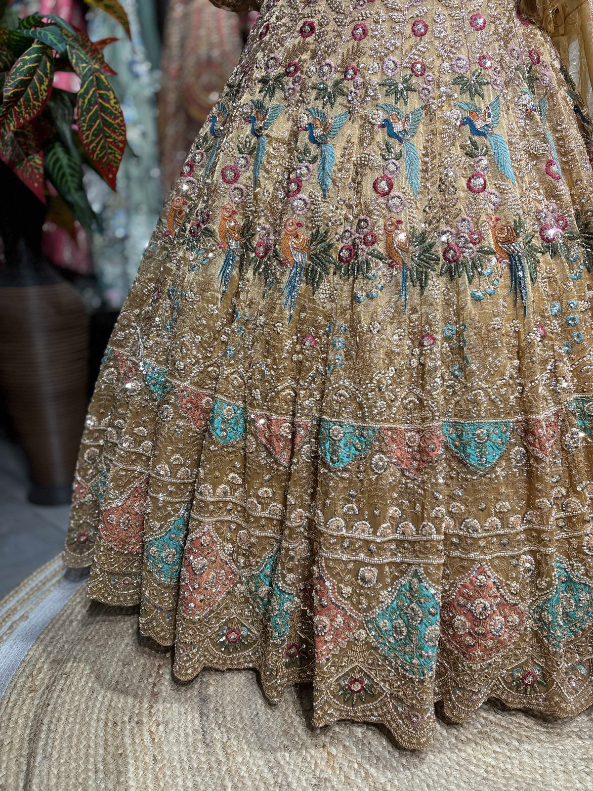 Antique Gold Peacock Embroidered Non Bridal Lehenga Set