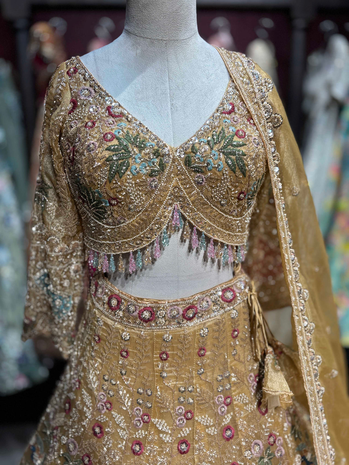 Antique Gold Peacock Embroidered Non Bridal Lehenga Set