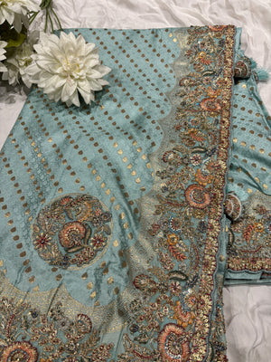 Sea Green Zari Embroidered Designer Silk Saree with Heavy Border