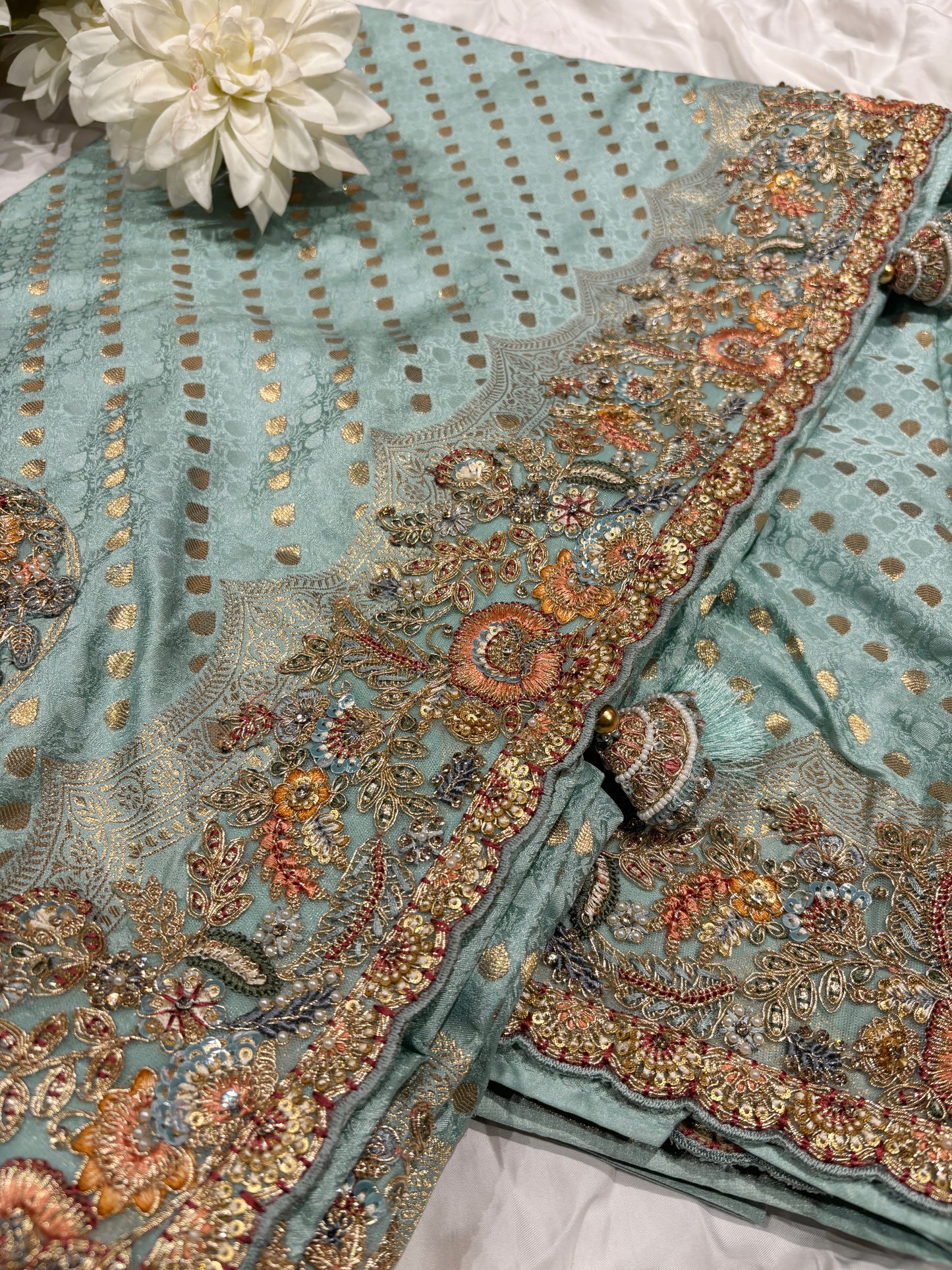 Sea Green Zari Embroidered Designer Silk Saree with Heavy Border