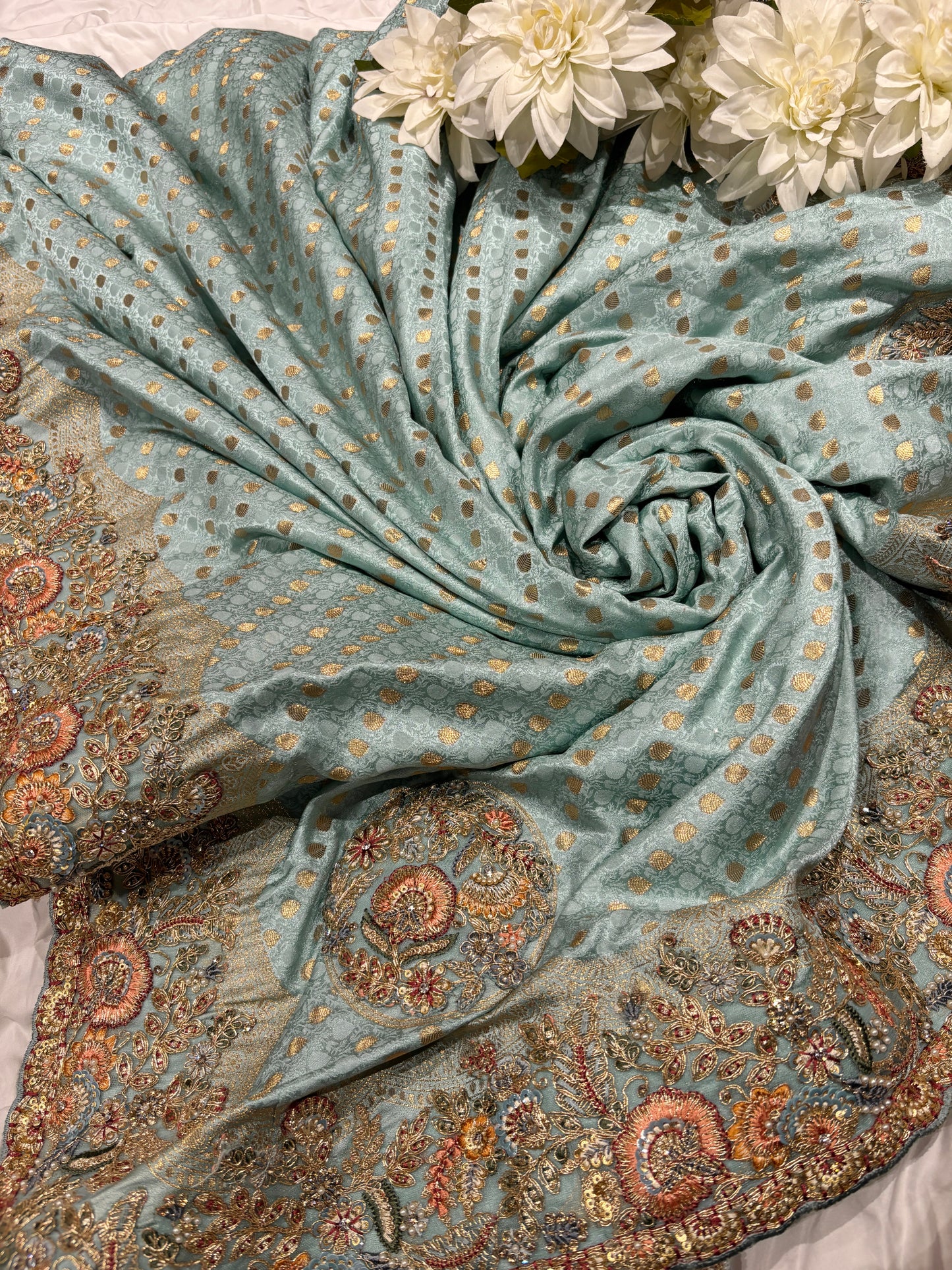 Sea Green Zari Embroidered Designer Silk Saree with Heavy Border