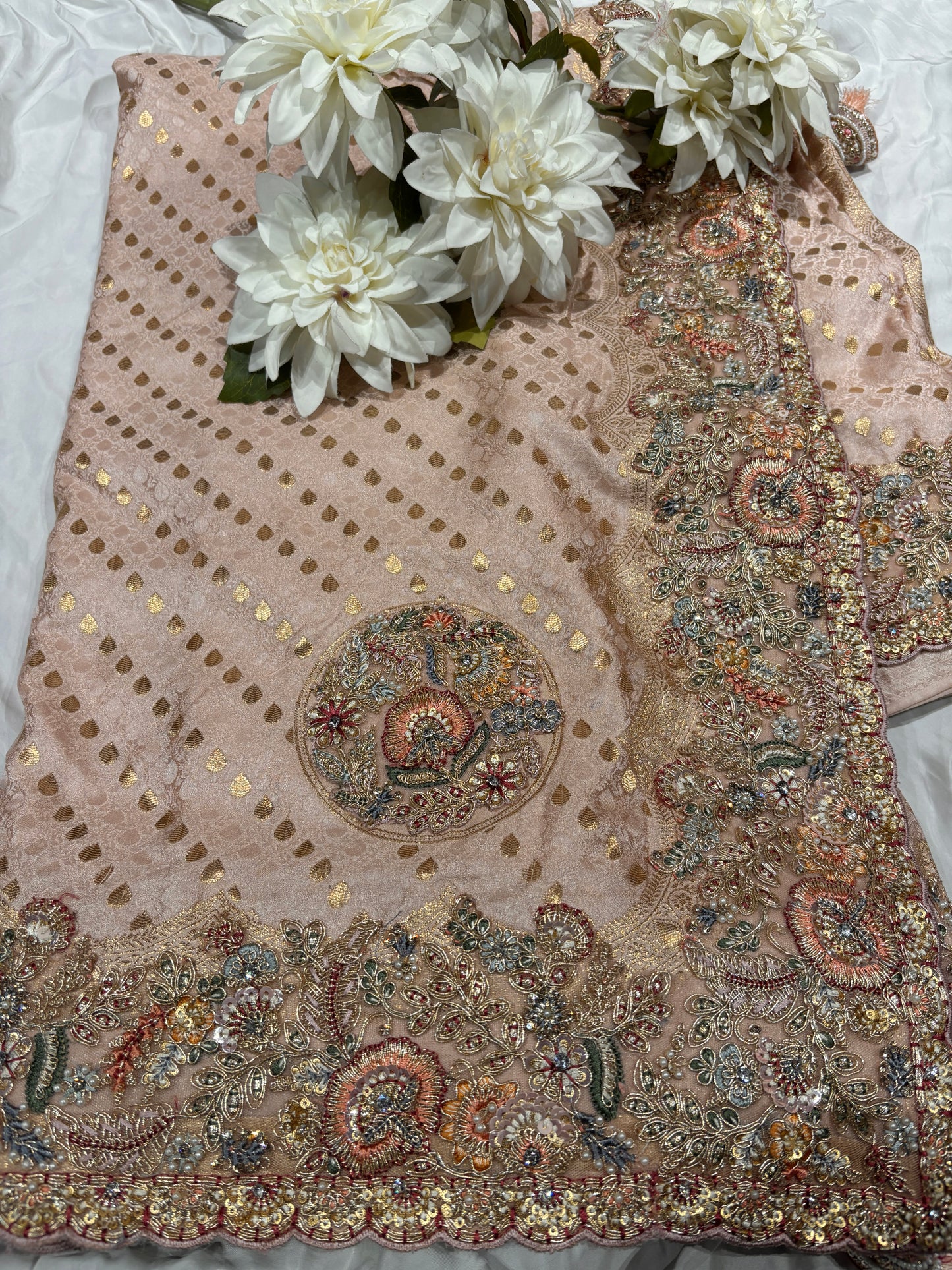 Peach Zari Embroidered Designer Silk Saree with Heavy Border