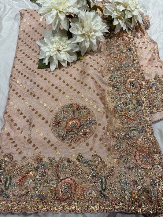 Peach Zari Embroidered Designer Silk Saree with Heavy Border