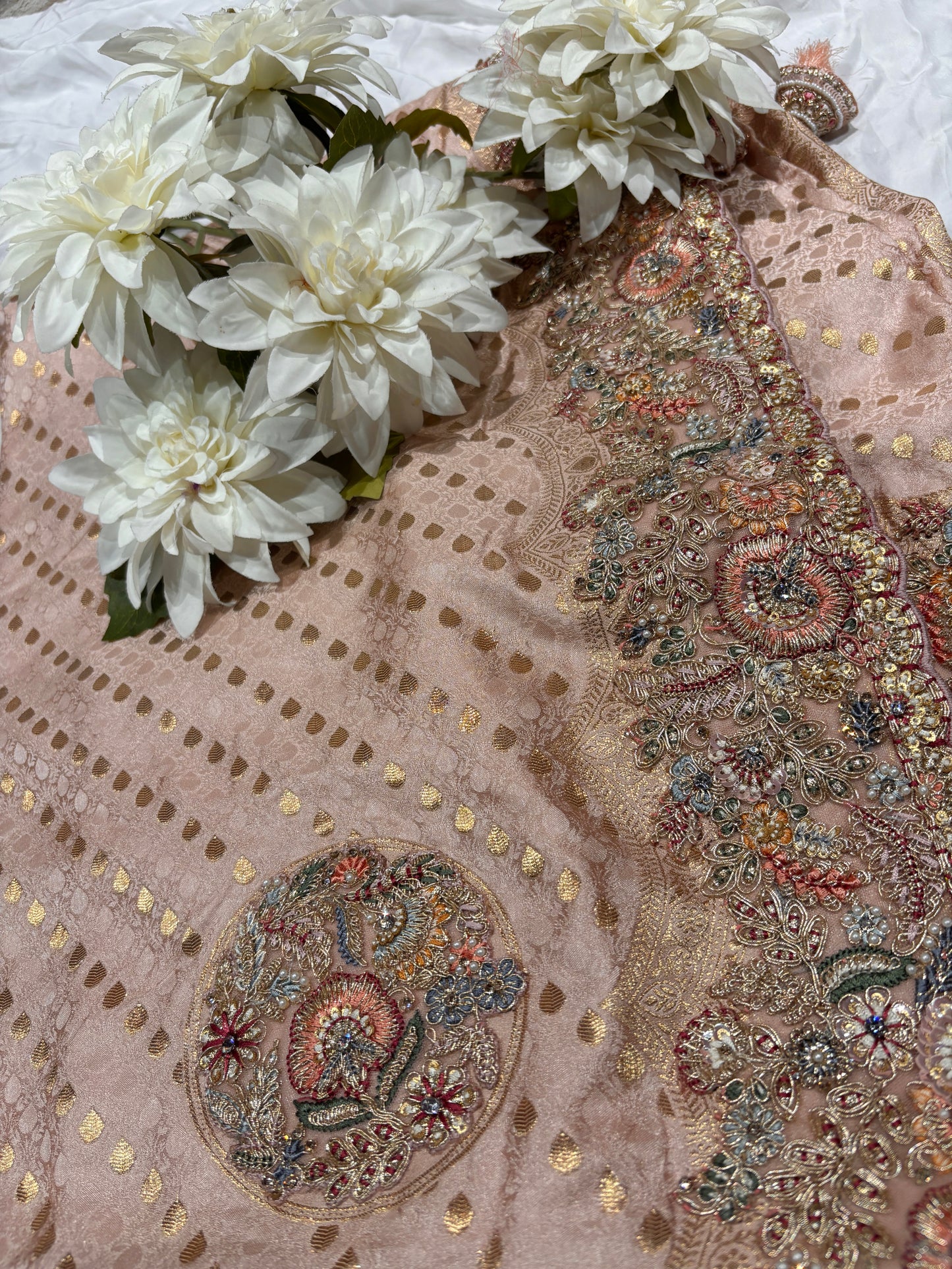 Peach Zari Embroidered Designer Silk Saree with Heavy Border