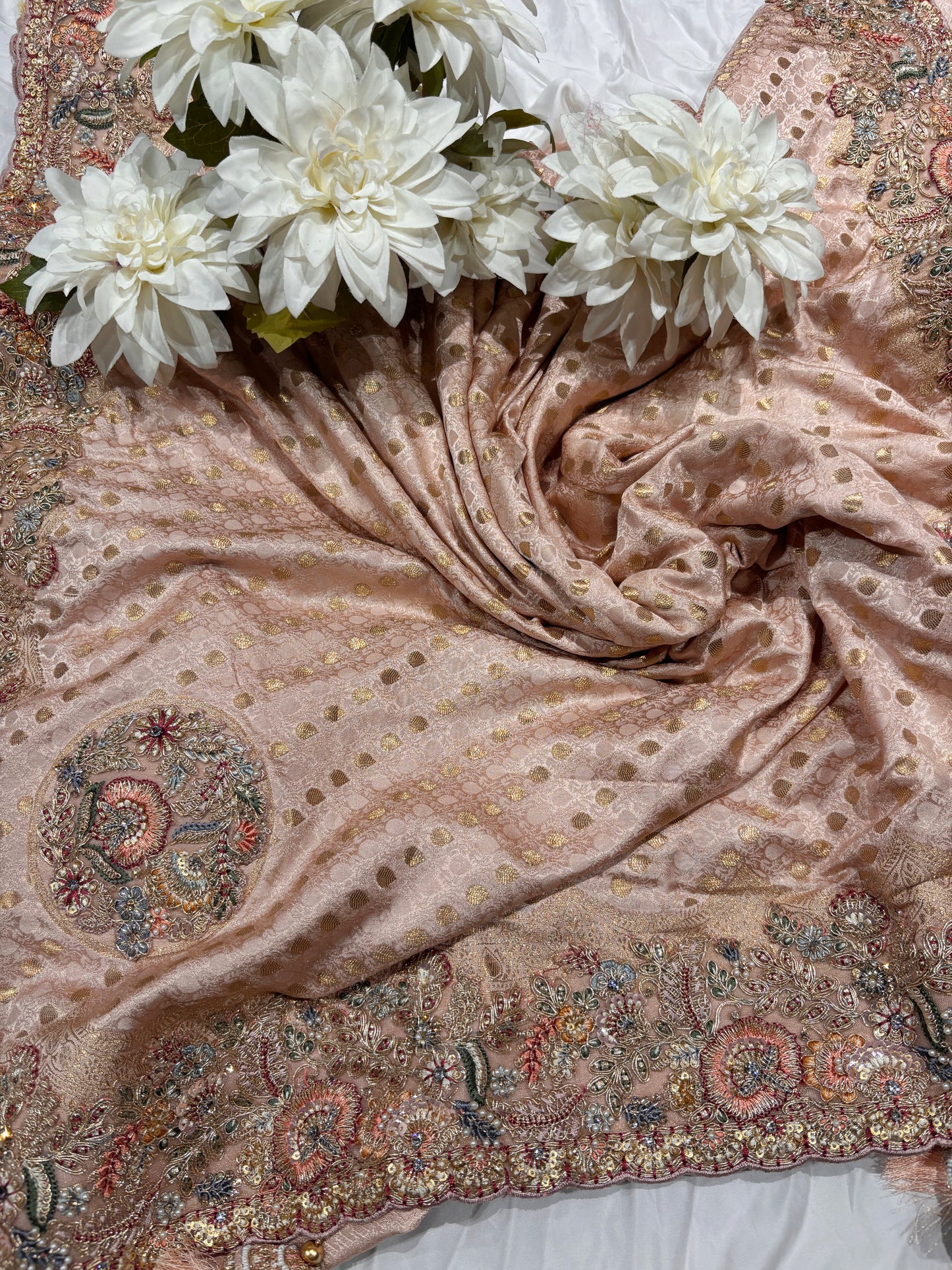 Peach Zari Embroidered Designer Silk Saree with Heavy Border