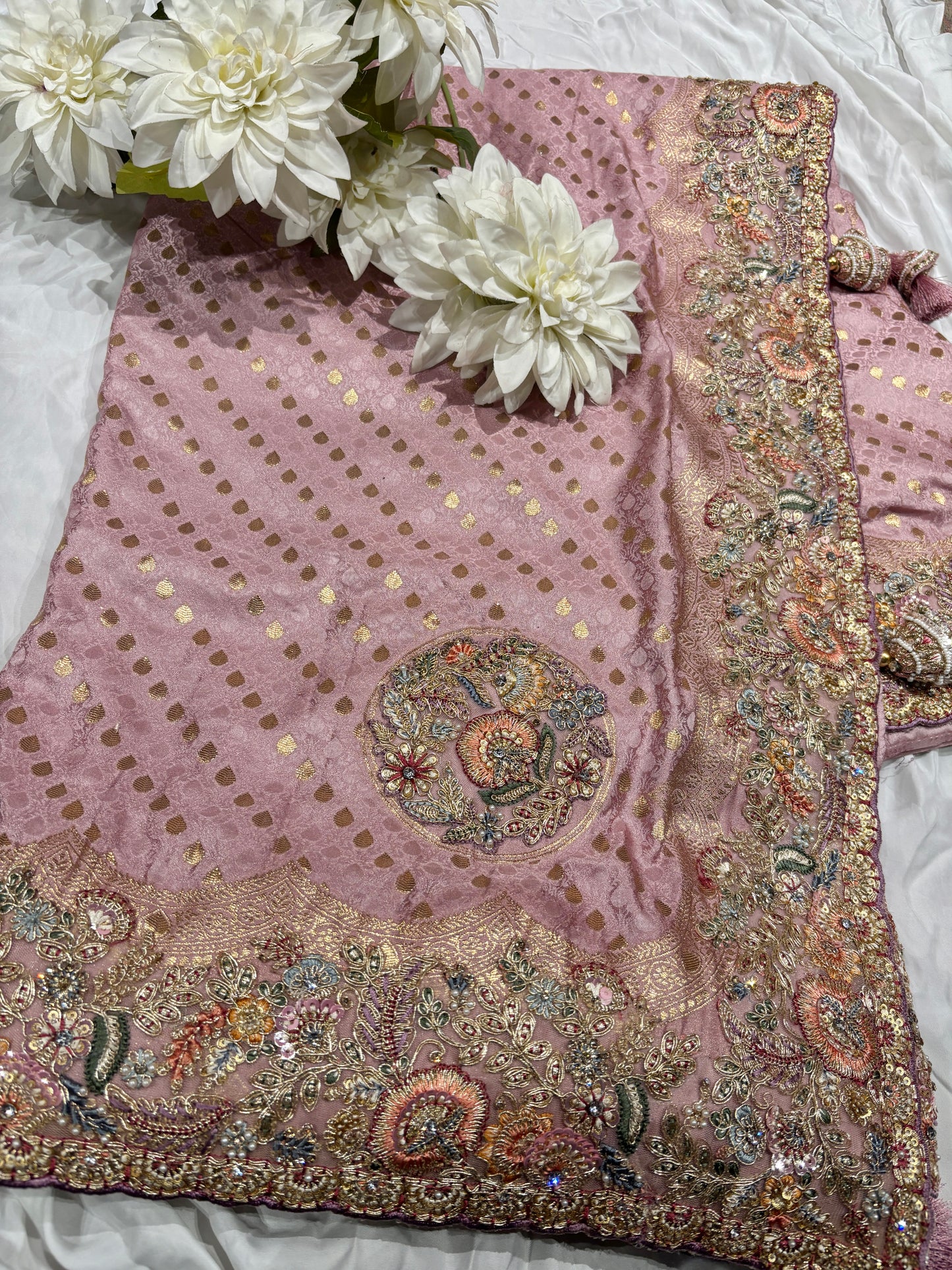 Pink Zari Embroidered Designer Silk Saree with Heavy Border
