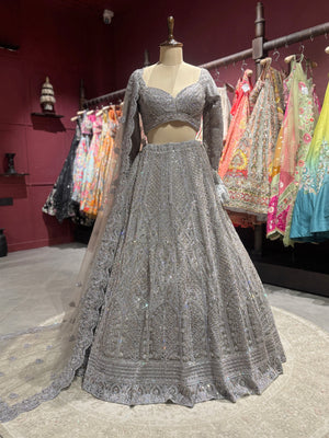 Silver Grey Heavy Embroidered Lehenga with Net Dupatta