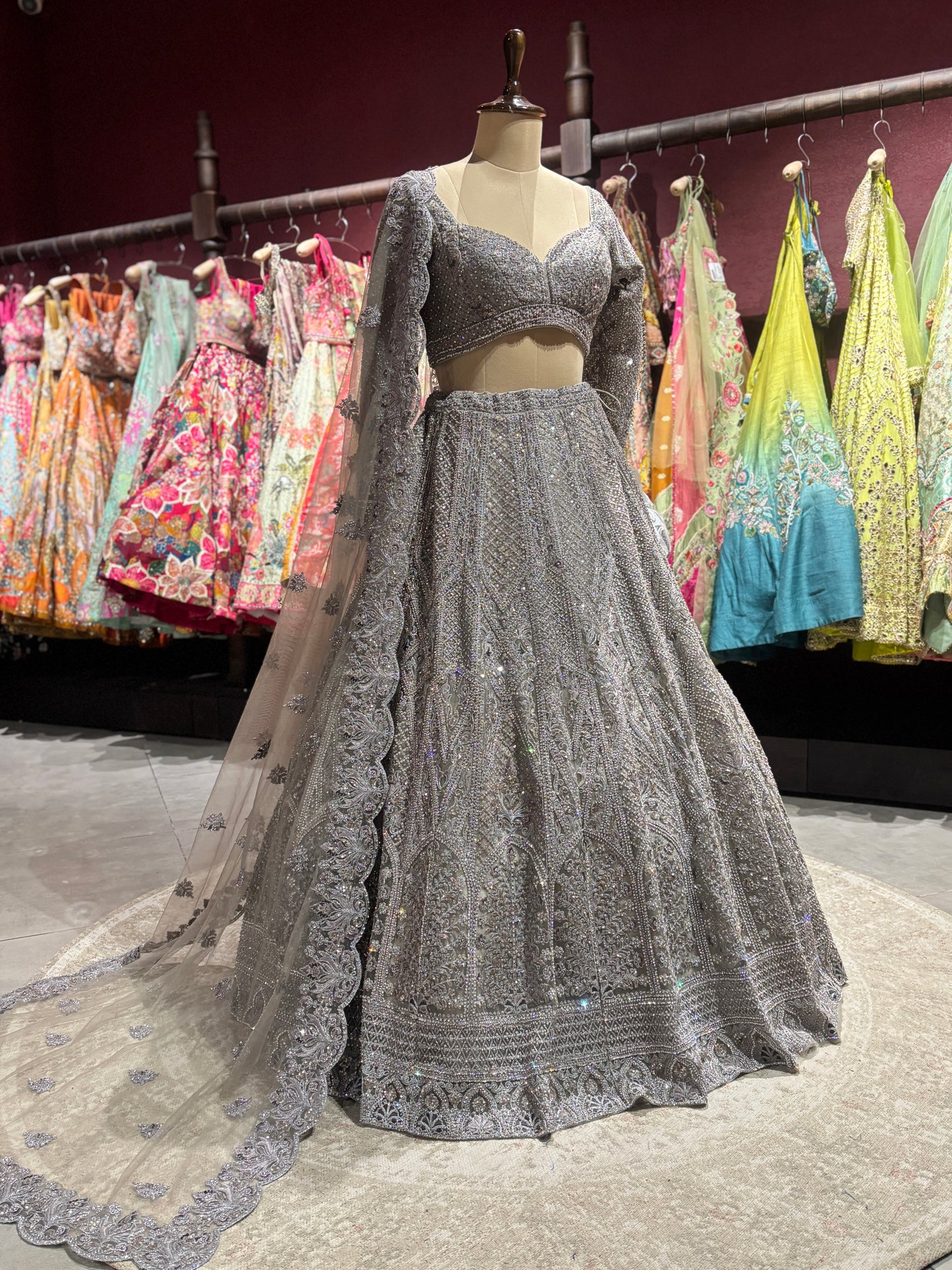 Silver Grey Heavy Embroidered Lehenga with Net Dupatta