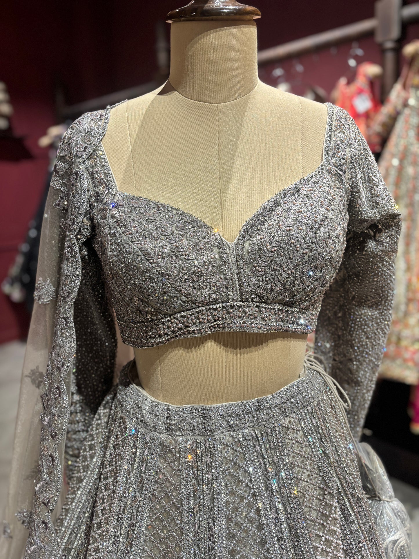 Silver Grey Heavy Embroidered Lehenga with Net Dupatta