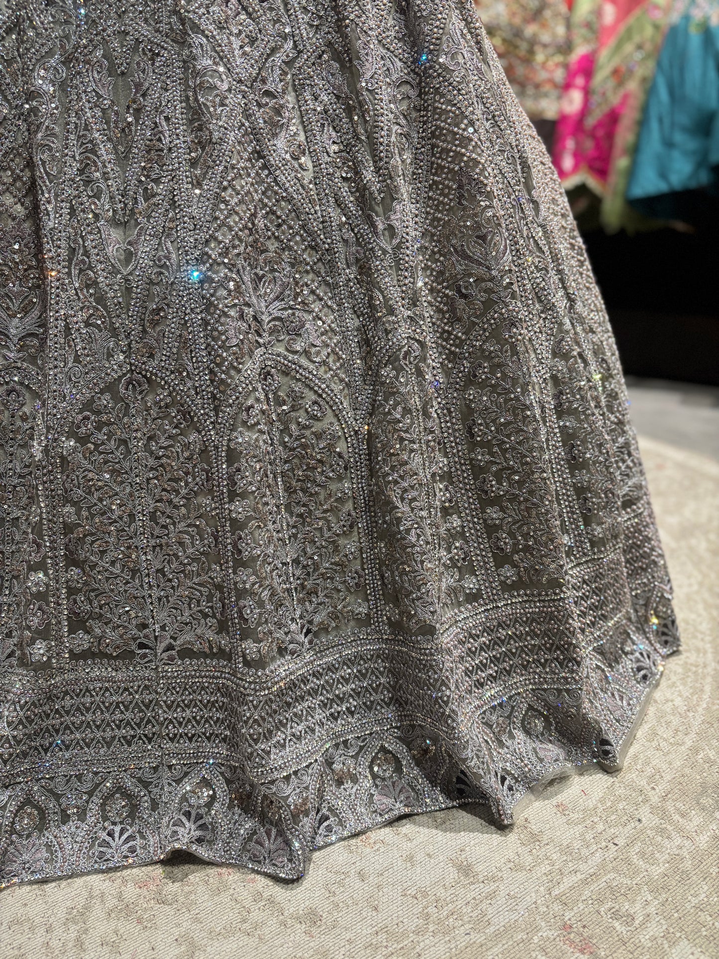 Silver Grey Heavy Embroidered Lehenga with Net Dupatta