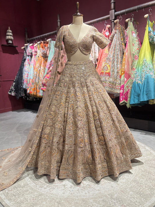 Champagne Gold Heavy Embroidered Lehenga with Net Dupatta