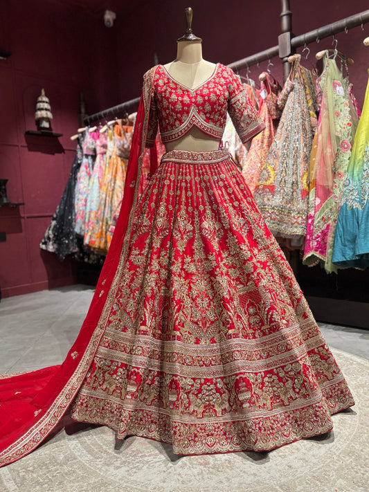 Classic Red Heavy Zari Embroidered Bridal Lehenga with Dupatta