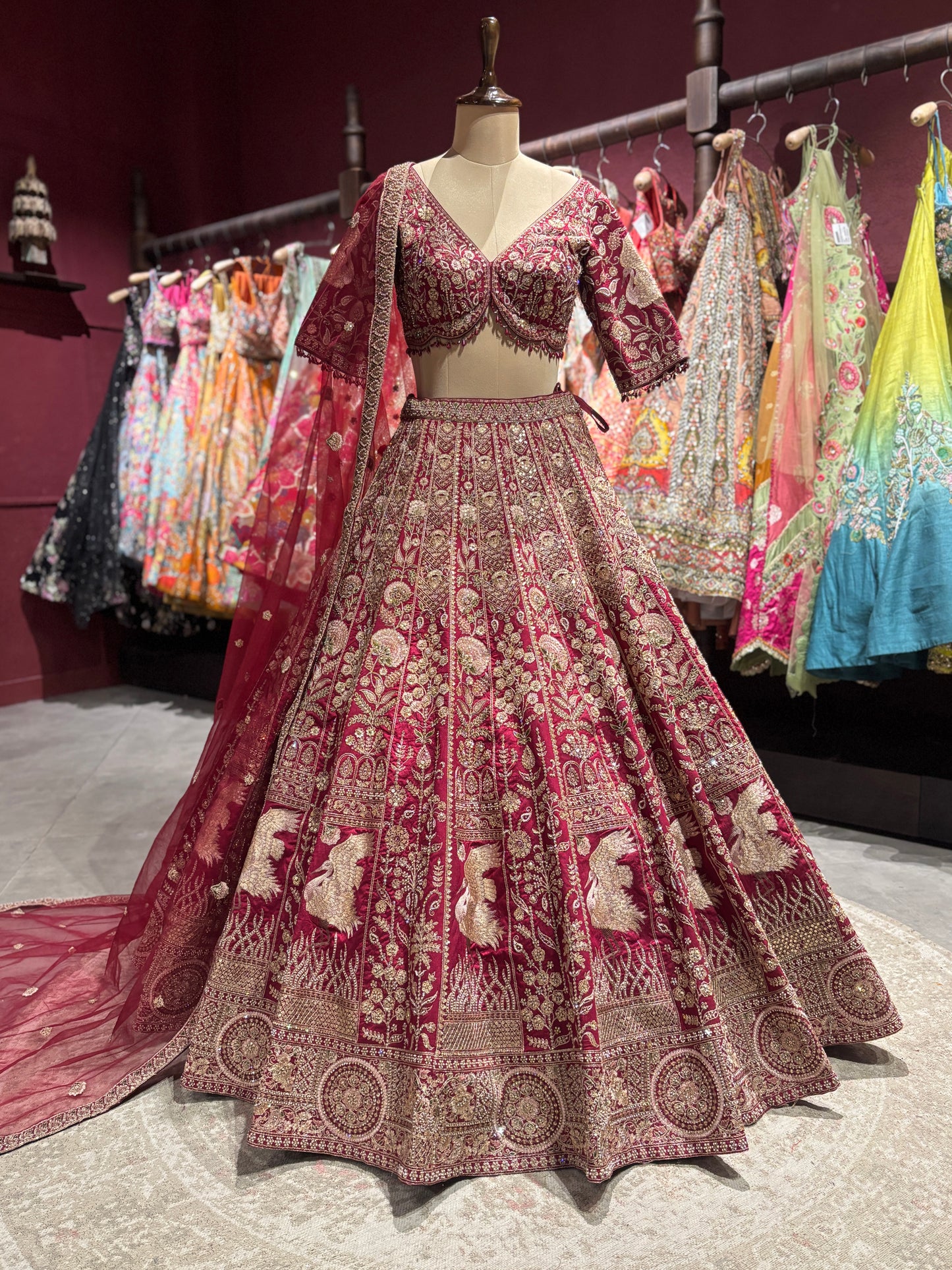Wine Red Heavy Zari Embroidered Bridal Lehenga with Net Dupatta