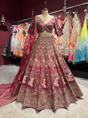 Wine Red Heavy Zari Embroidered Bridal Lehenga with Net Dupatta