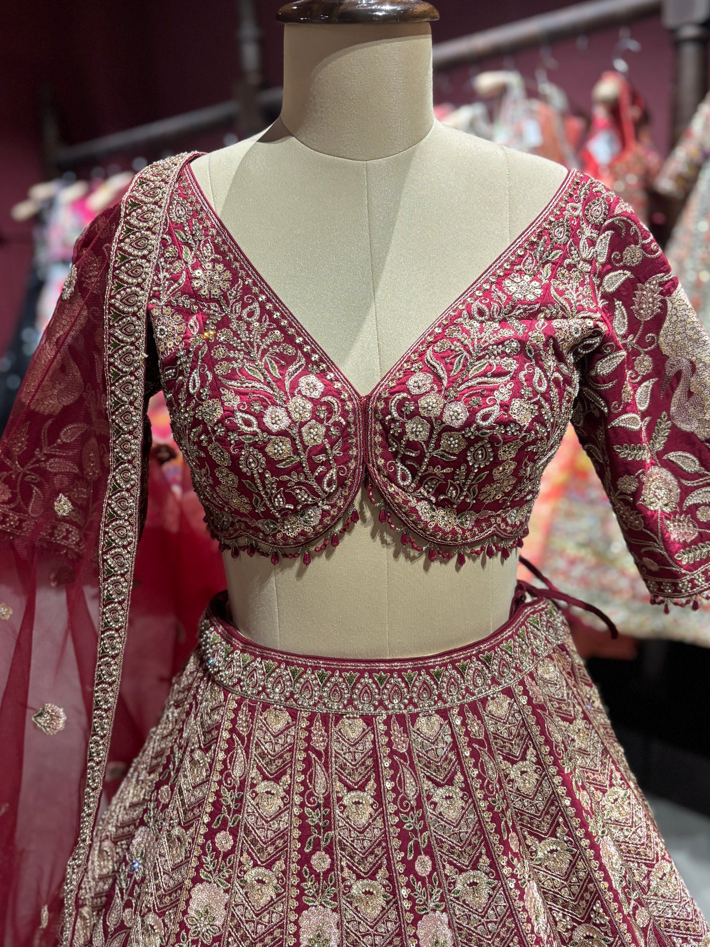 Wine Red Heavy Zari Embroidered Bridal Lehenga with Net Dupatta