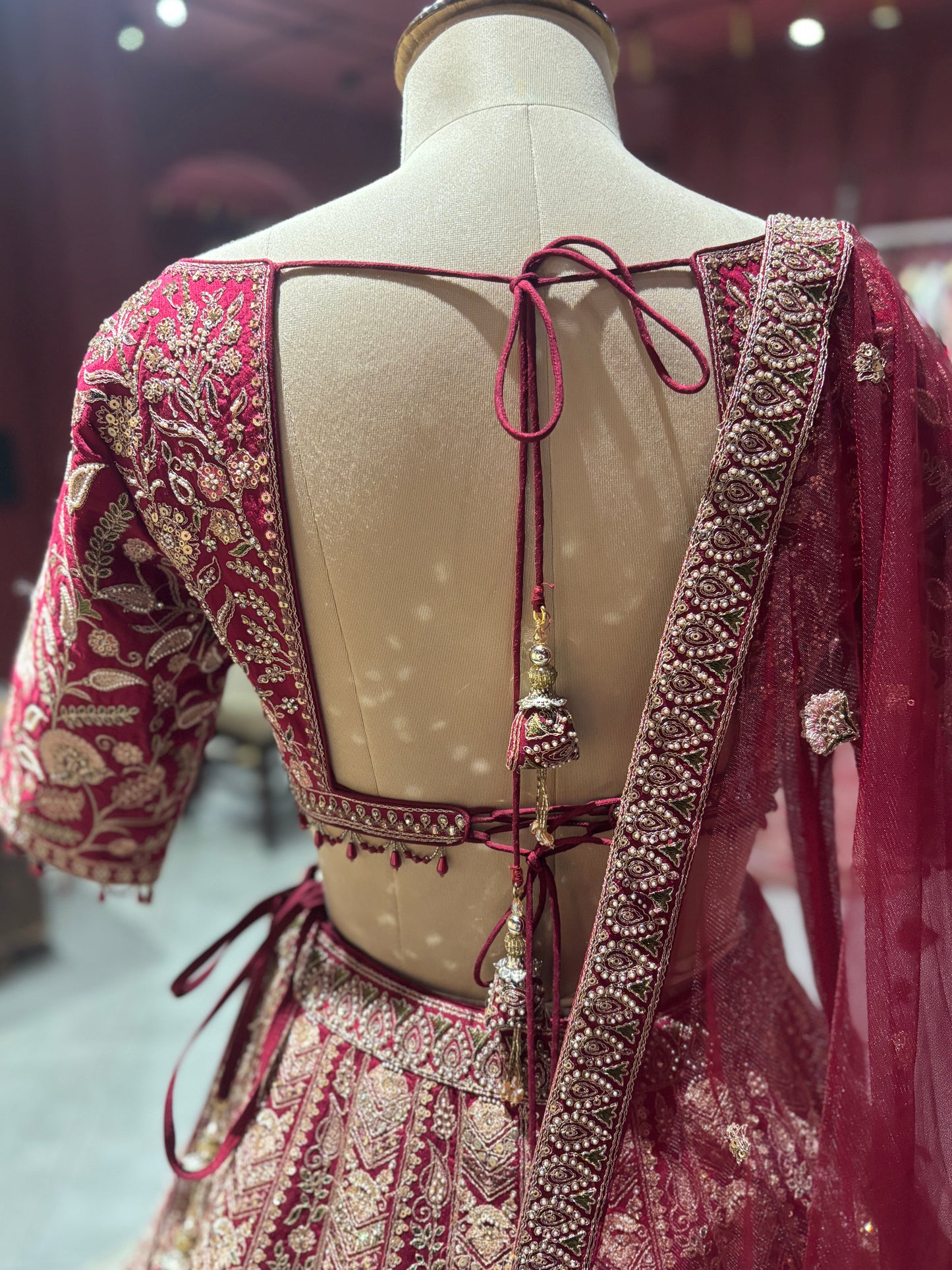 Wine Red Heavy Zari Embroidered Bridal Lehenga with Net Dupatta