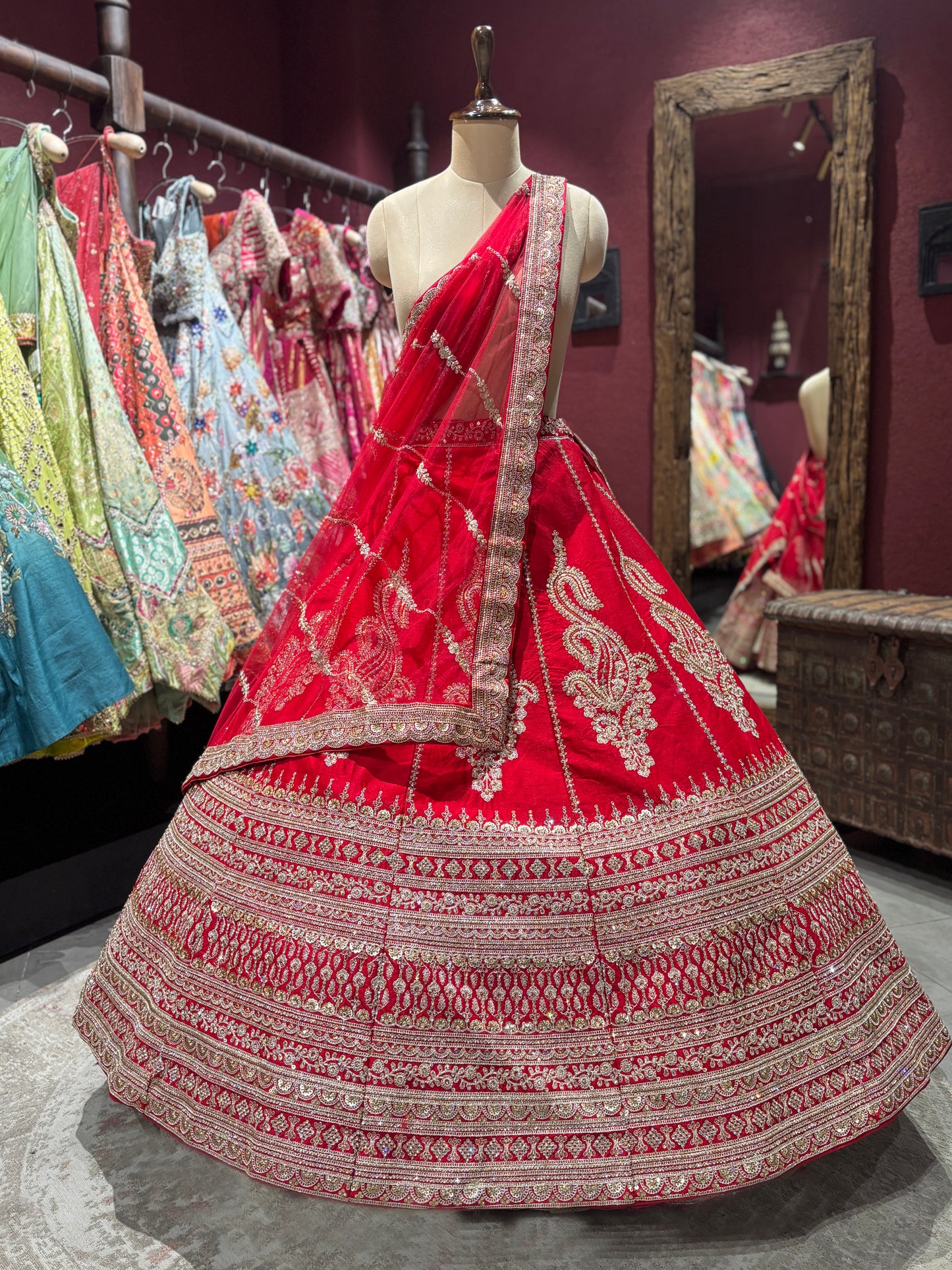 Red Unstitched Bridal Lehenga with Heavy Zari Embroidery