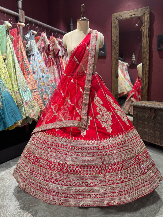 Red Unstitched Bridal Lehenga with Heavy Zari Embroidery
