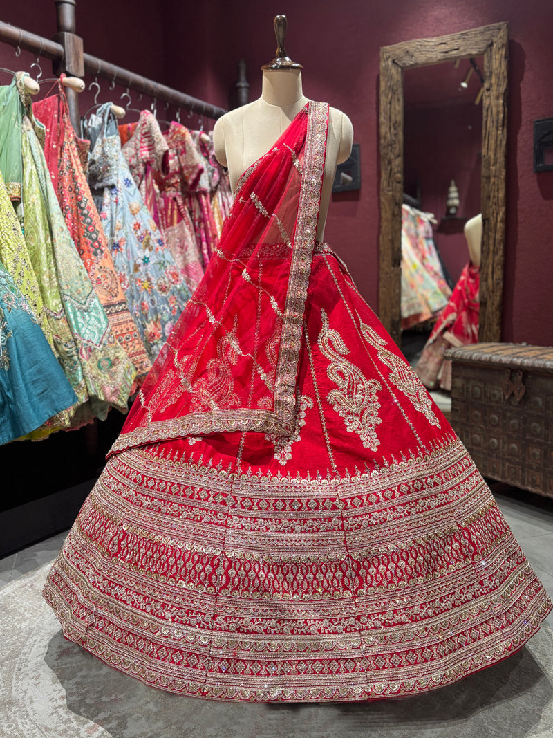 Red Unstitched Bridal Lehenga with Heavy Zari Embroidery