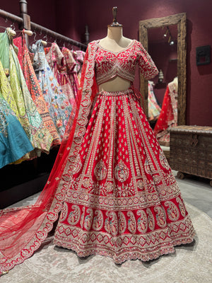 Designer Red Heavy Zari Embroidered Bridal Lehenga with Net Dupatta