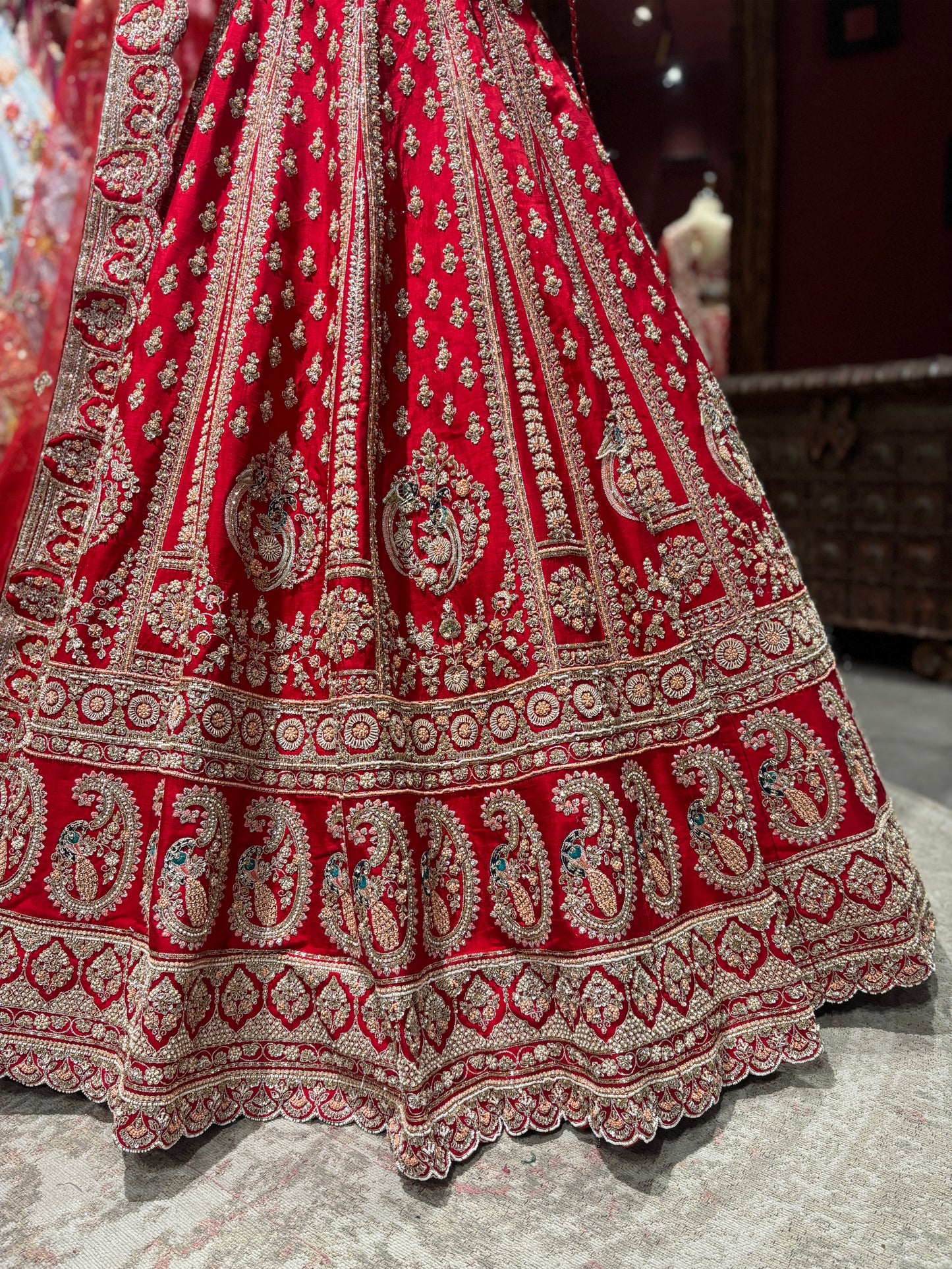 Designer Red Heavy Zari Embroidered Bridal Lehenga with Net Dupatta