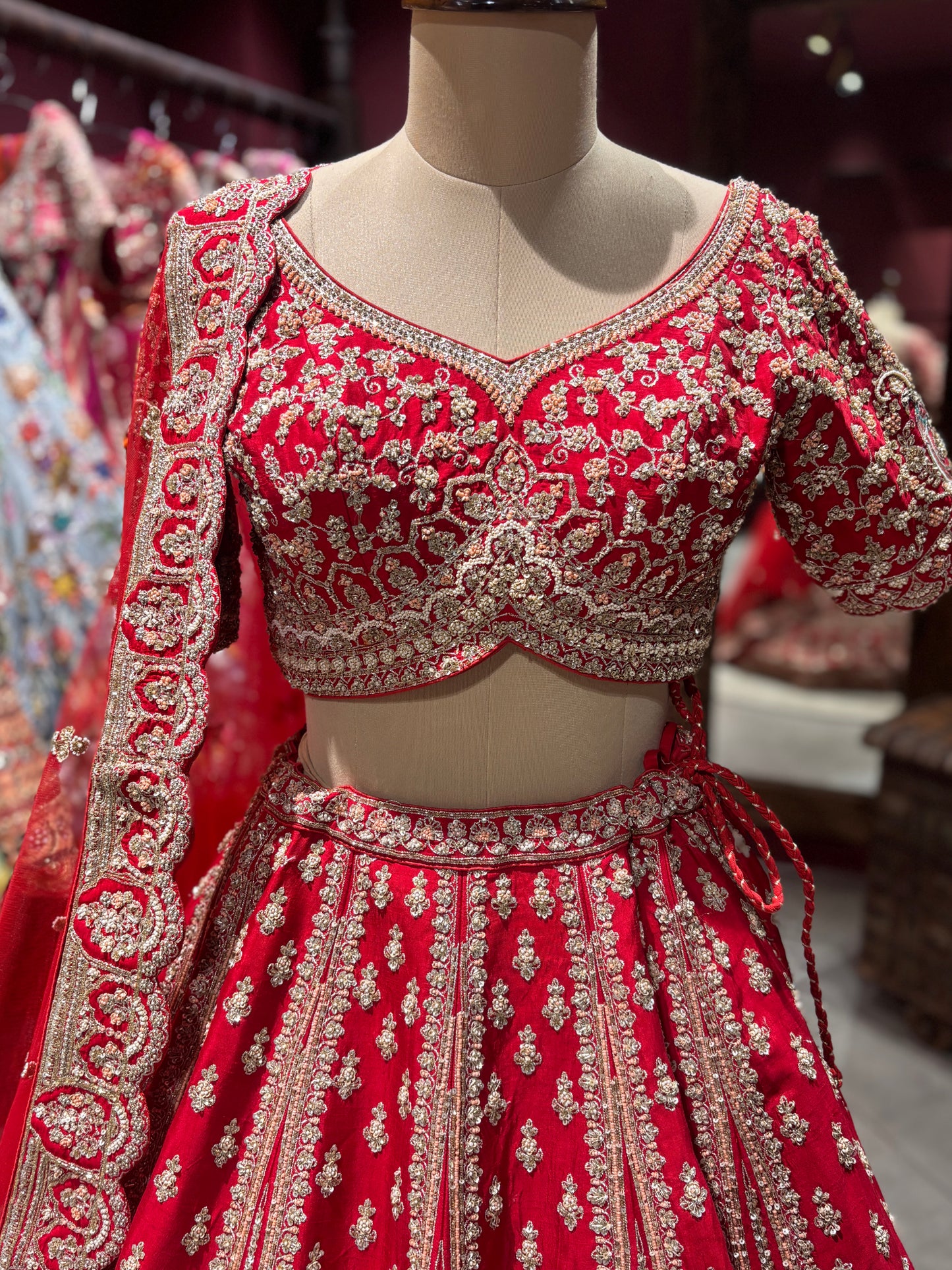 Designer Red Heavy Zari Embroidered Bridal Lehenga with Net Dupatta