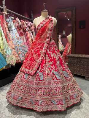 Designer Red Unstitched Bridal Lehenga with Peacock Zari Embroidery