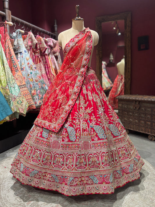 Designer Red Unstitched Bridal Lehenga with Peacock Zari Embroidery