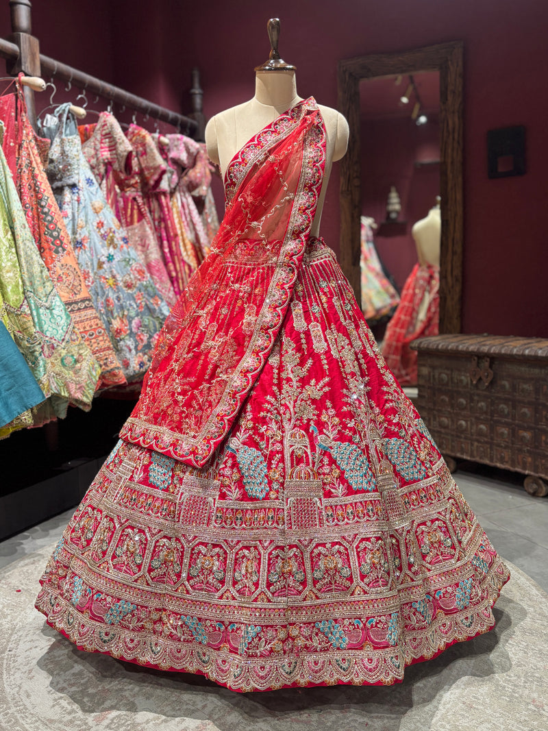 Designer Red Unstitched Bridal Lehenga with Peacock Zari Embroidery