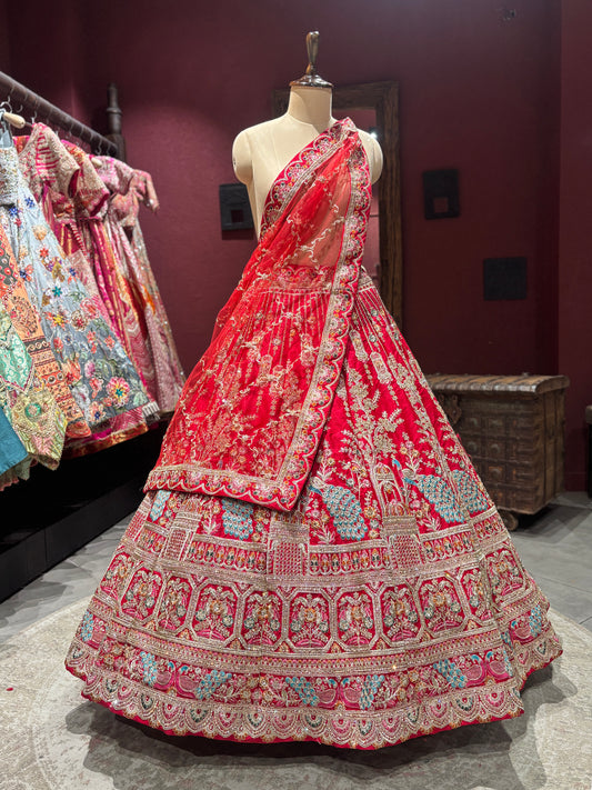 Designer Red Unstitched Bridal Lehenga with Peacock Zari Embroidery
