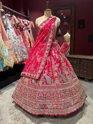 Rani Pink Unstitched Bridal Lehenga with Peacock Zari Embroidery
