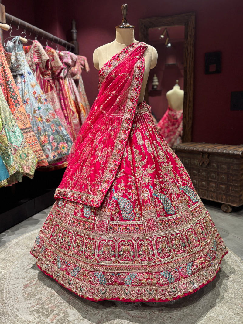 Rani Pink Unstitched Bridal Lehenga with Peacock Zari Embroidery