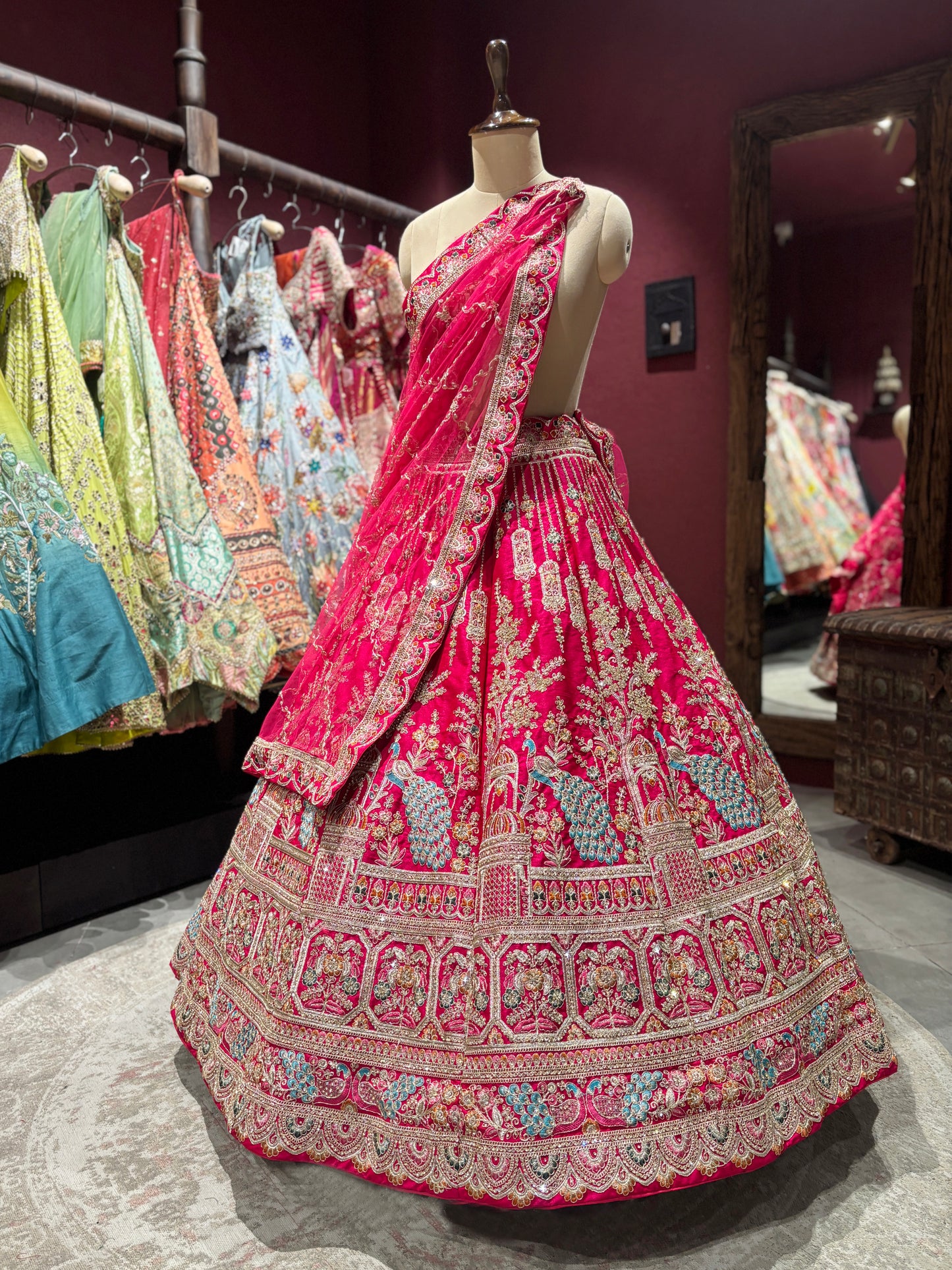 Rani Pink Unstitched Bridal Lehenga with Peacock Zari Embroidery