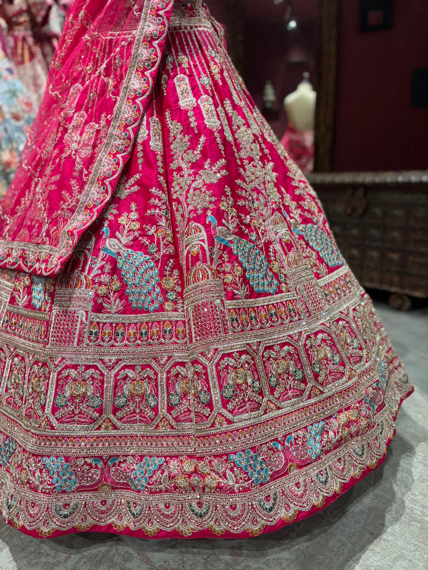 Rani Pink Unstitched Bridal Lehenga with Peacock Zari Embroidery