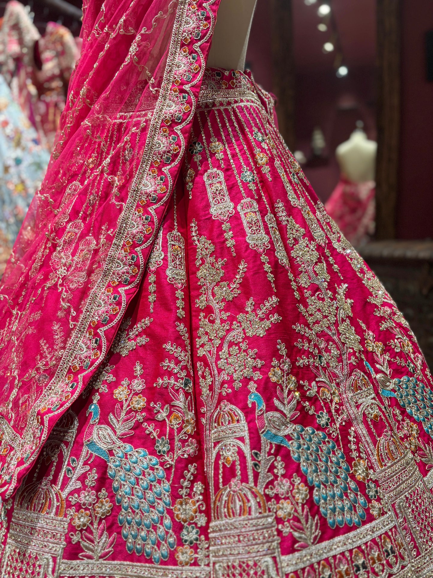 Rani Pink Unstitched Bridal Lehenga with Peacock Zari Embroidery