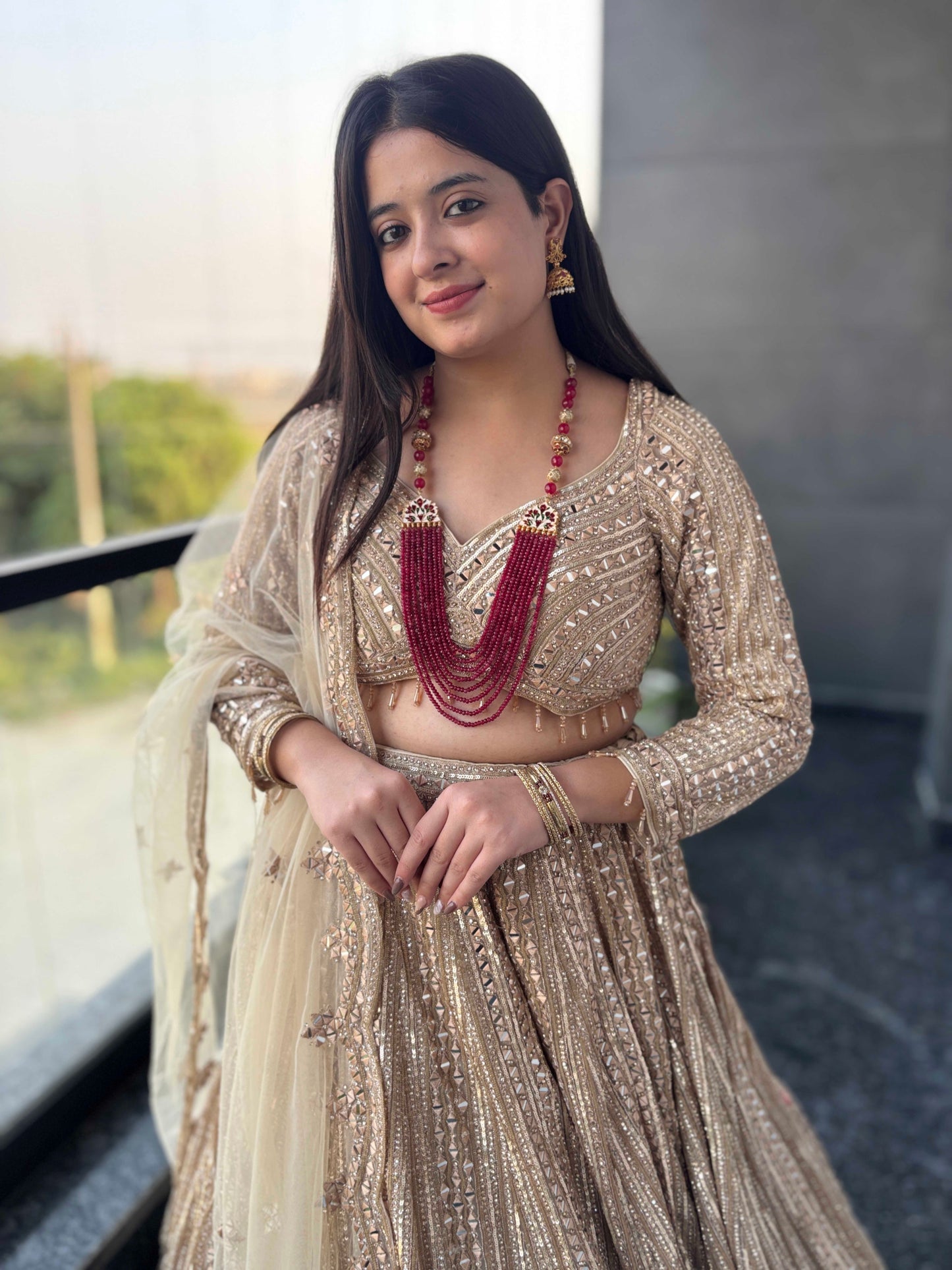 Champagne Gold Sequin Lehenga with Floral Embroidered Dupatta