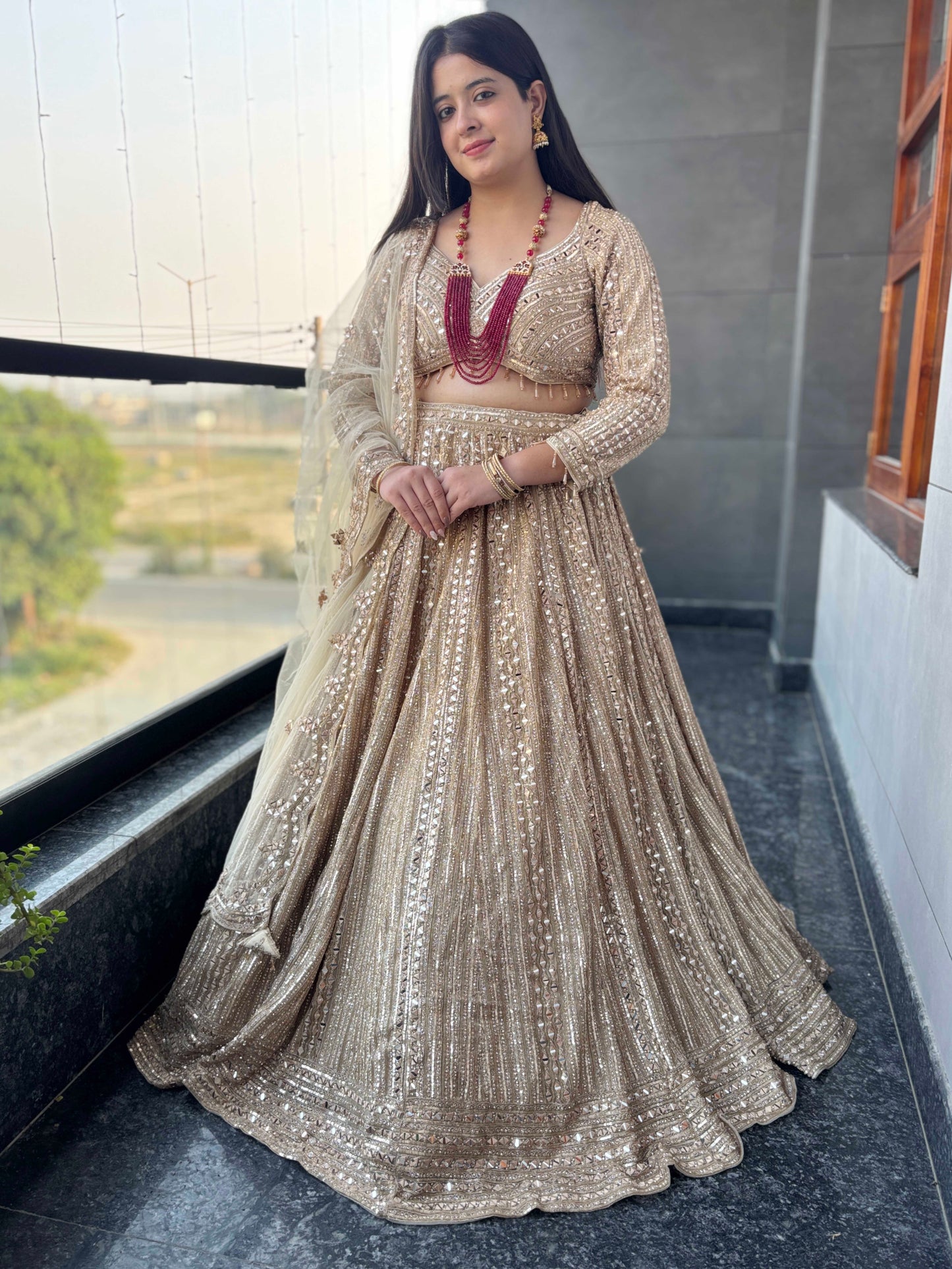 Champagne Gold Sequin Lehenga with Floral Embroidered Dupatta