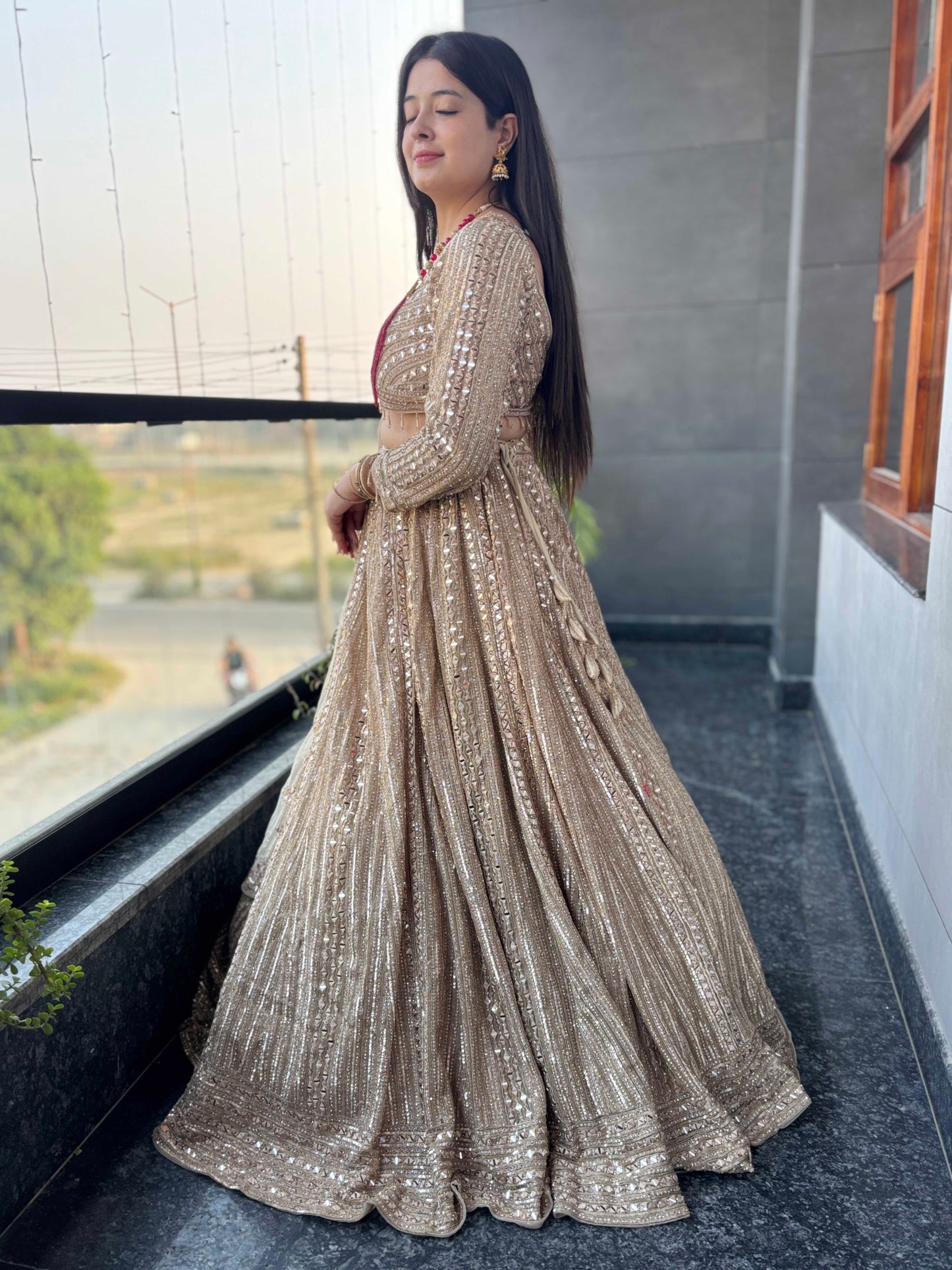 Champagne Gold Sequin Lehenga with Floral Embroidered Dupatta