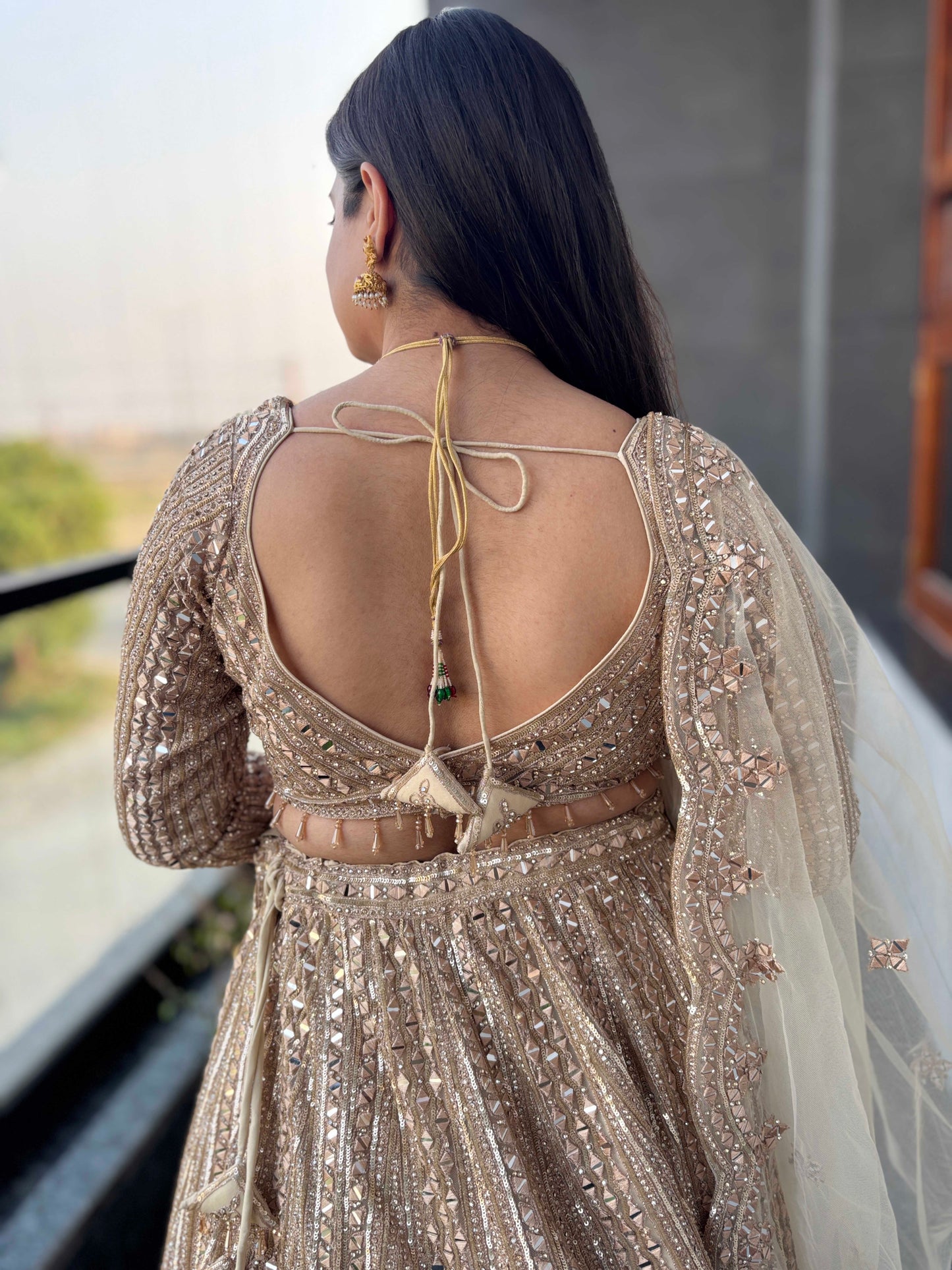 Champagne Gold Sequin Lehenga with Floral Embroidered Dupatta