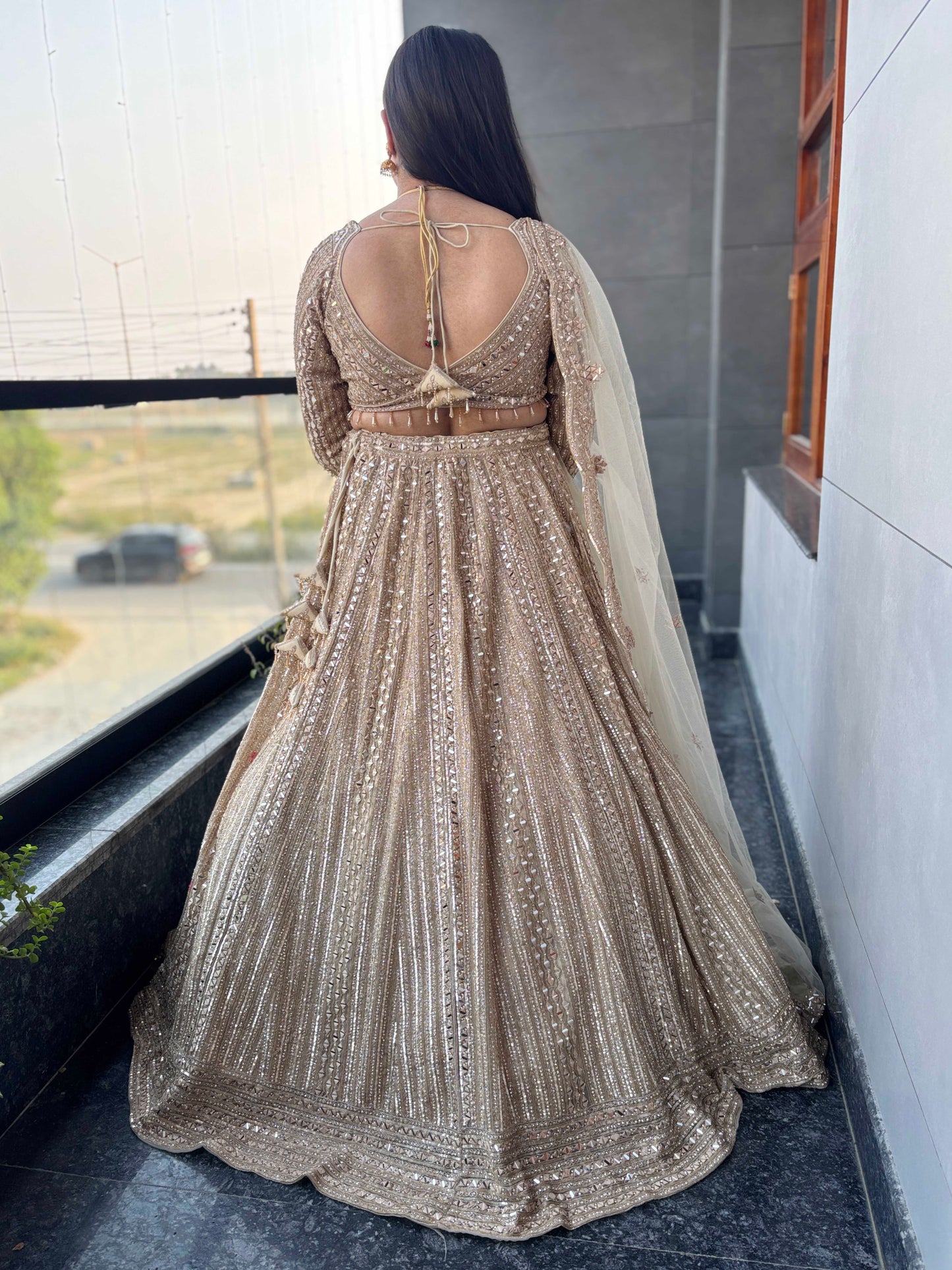 Champagne Gold Sequin Lehenga with Floral Embroidered Dupatta