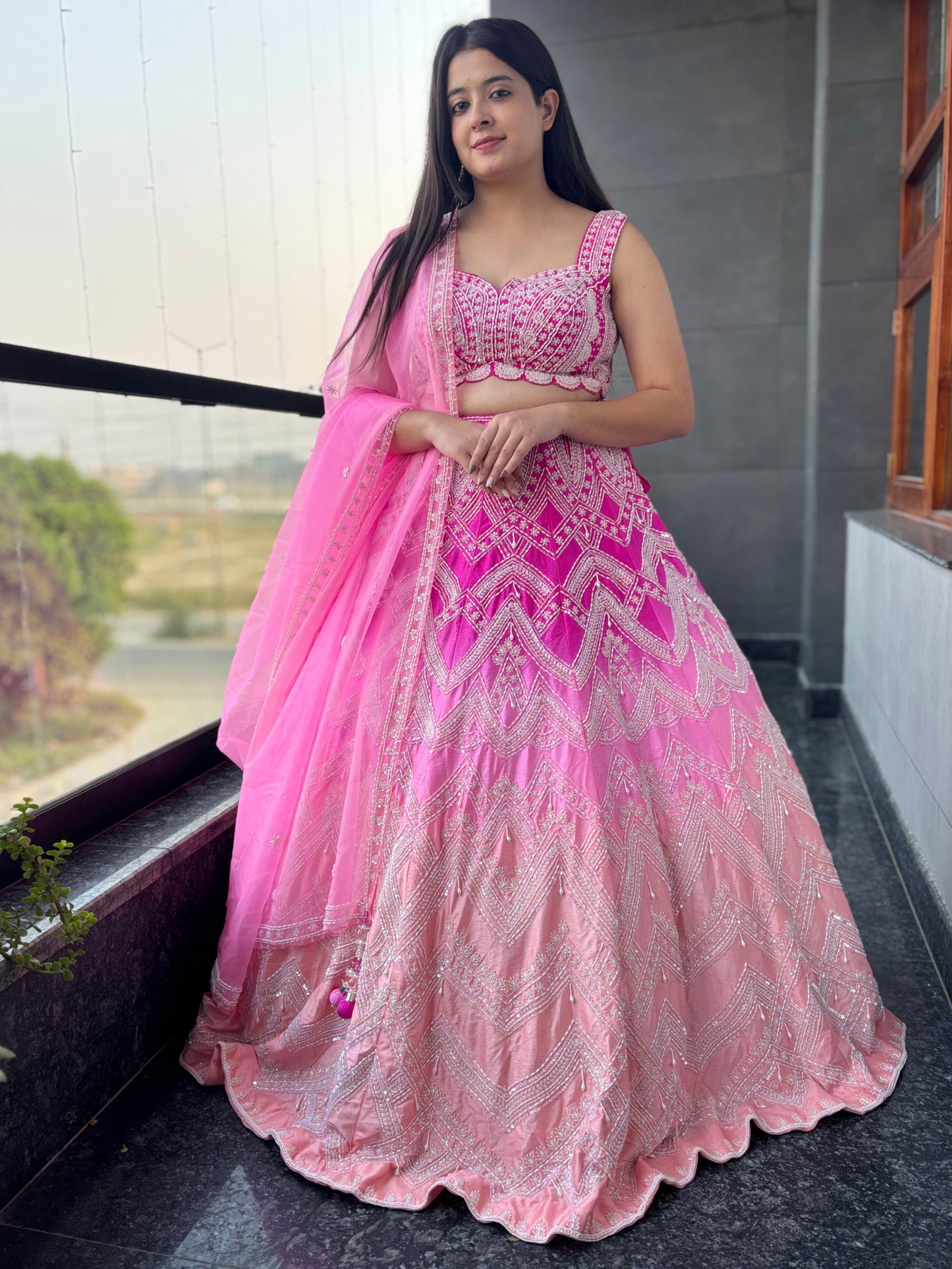 Designer Rose Quartz Embroidered Silk Lehenga with Pearl Work