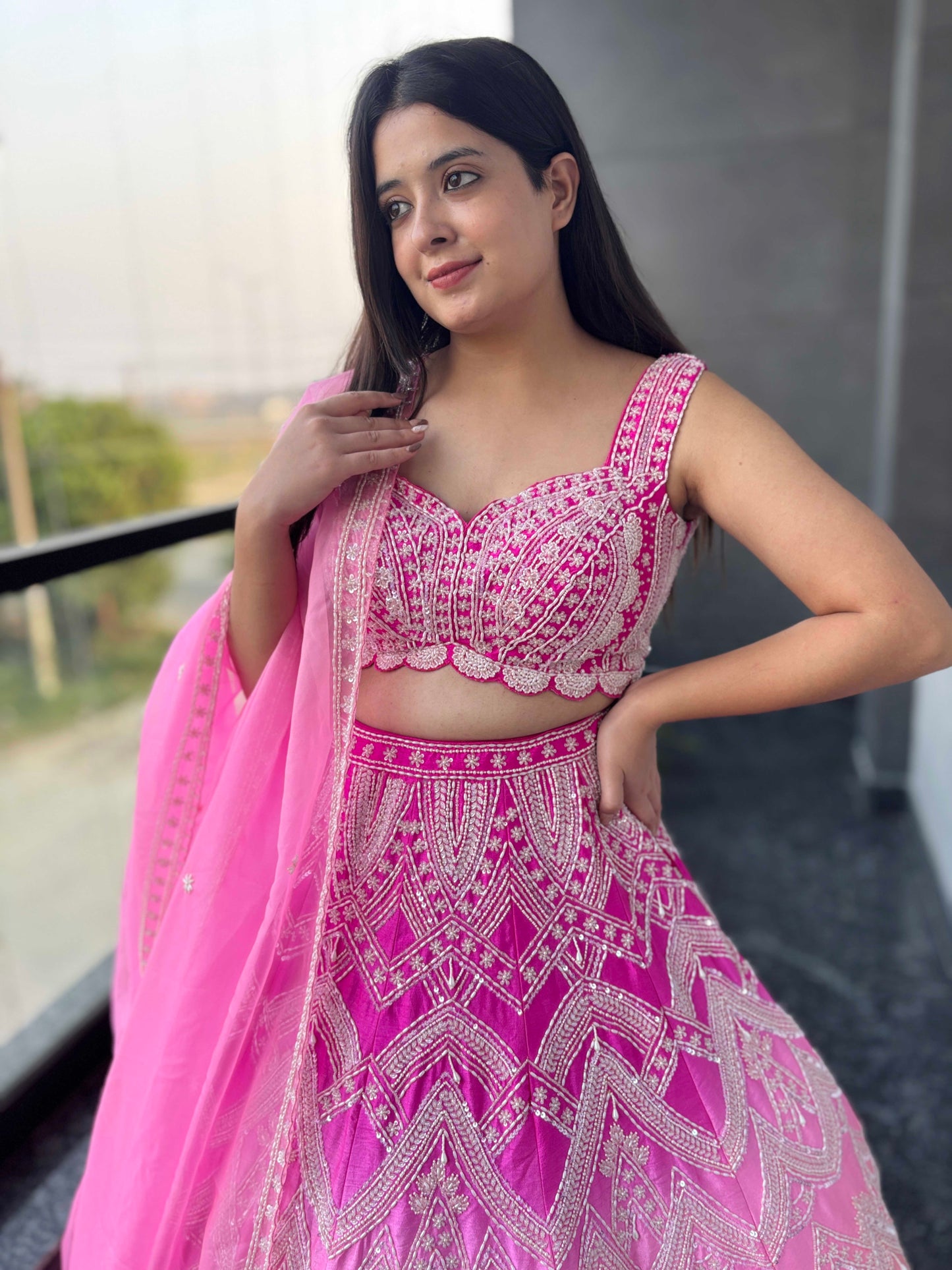 Designer Rose Quartz Embroidered Silk Lehenga with Pearl Work