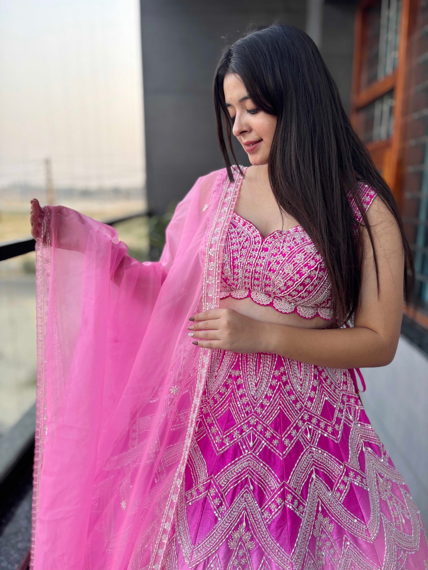 Designer Rose Quartz Embroidered Silk Lehenga with Pearl Work