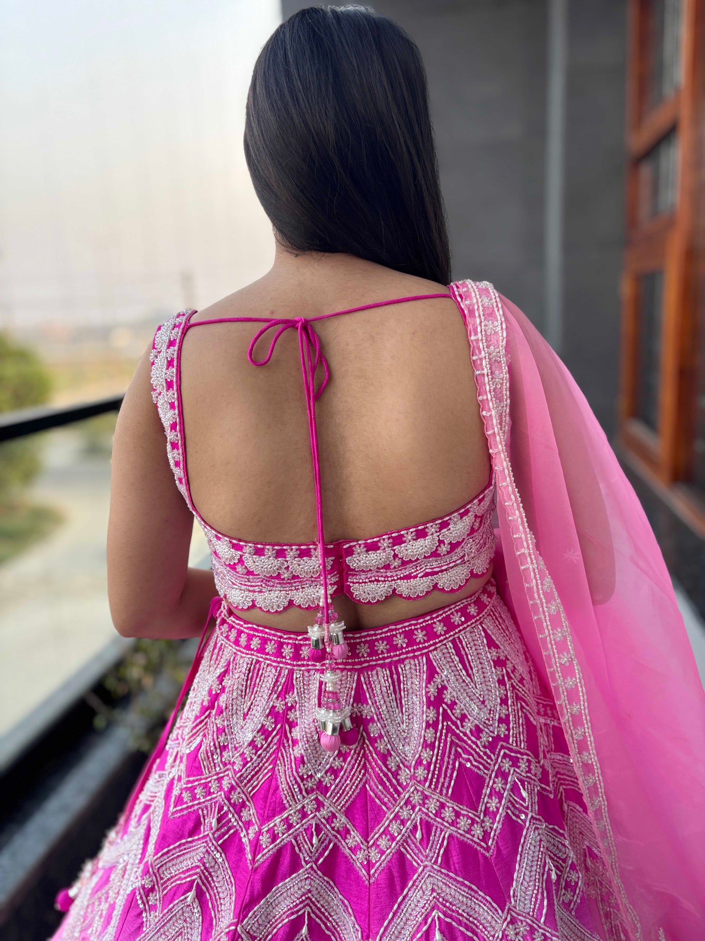 Designer Rose Quartz Embroidered Silk Lehenga with Pearl Work