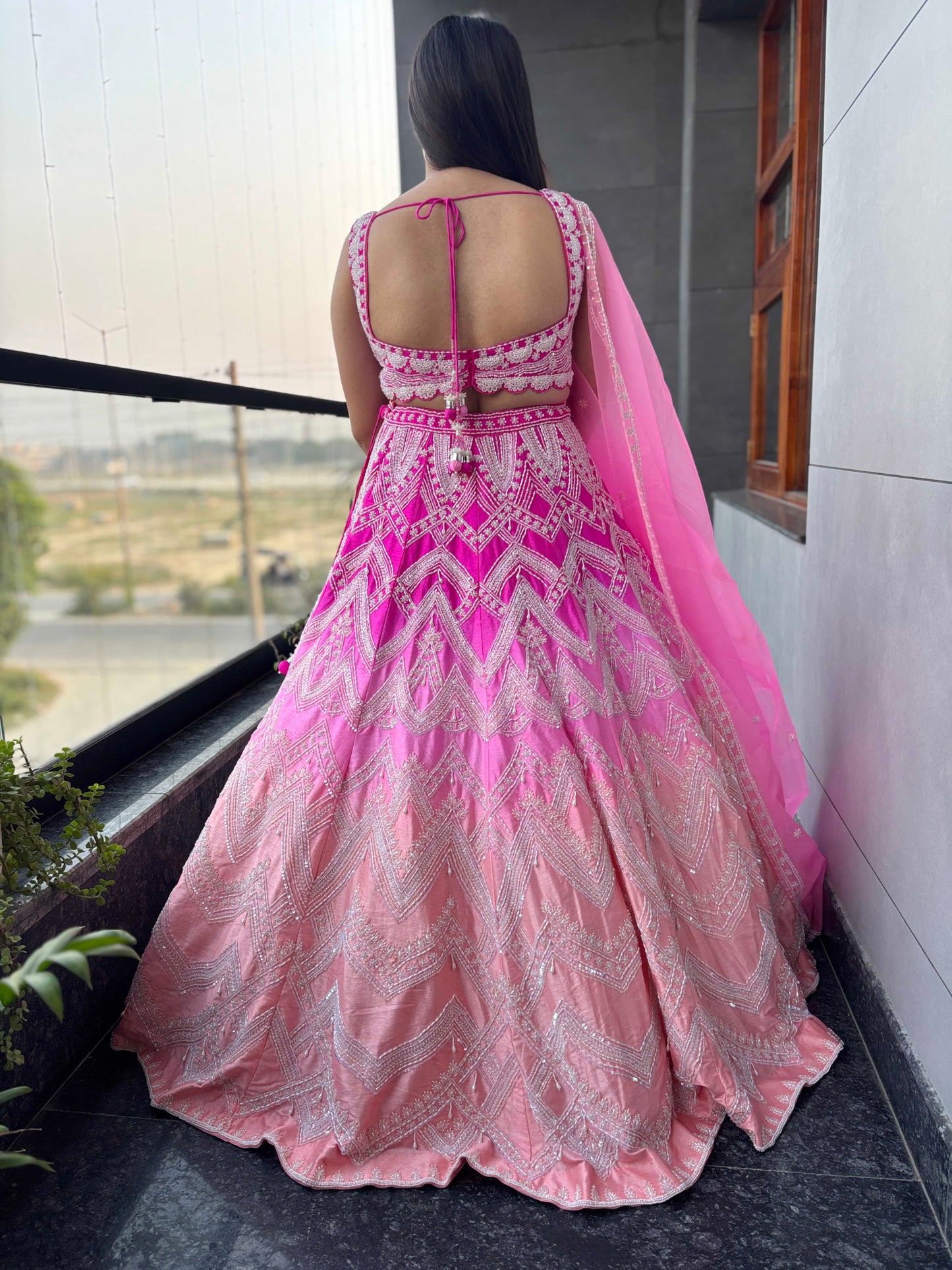 Designer Rose Quartz Embroidered Silk Lehenga with Pearl Work