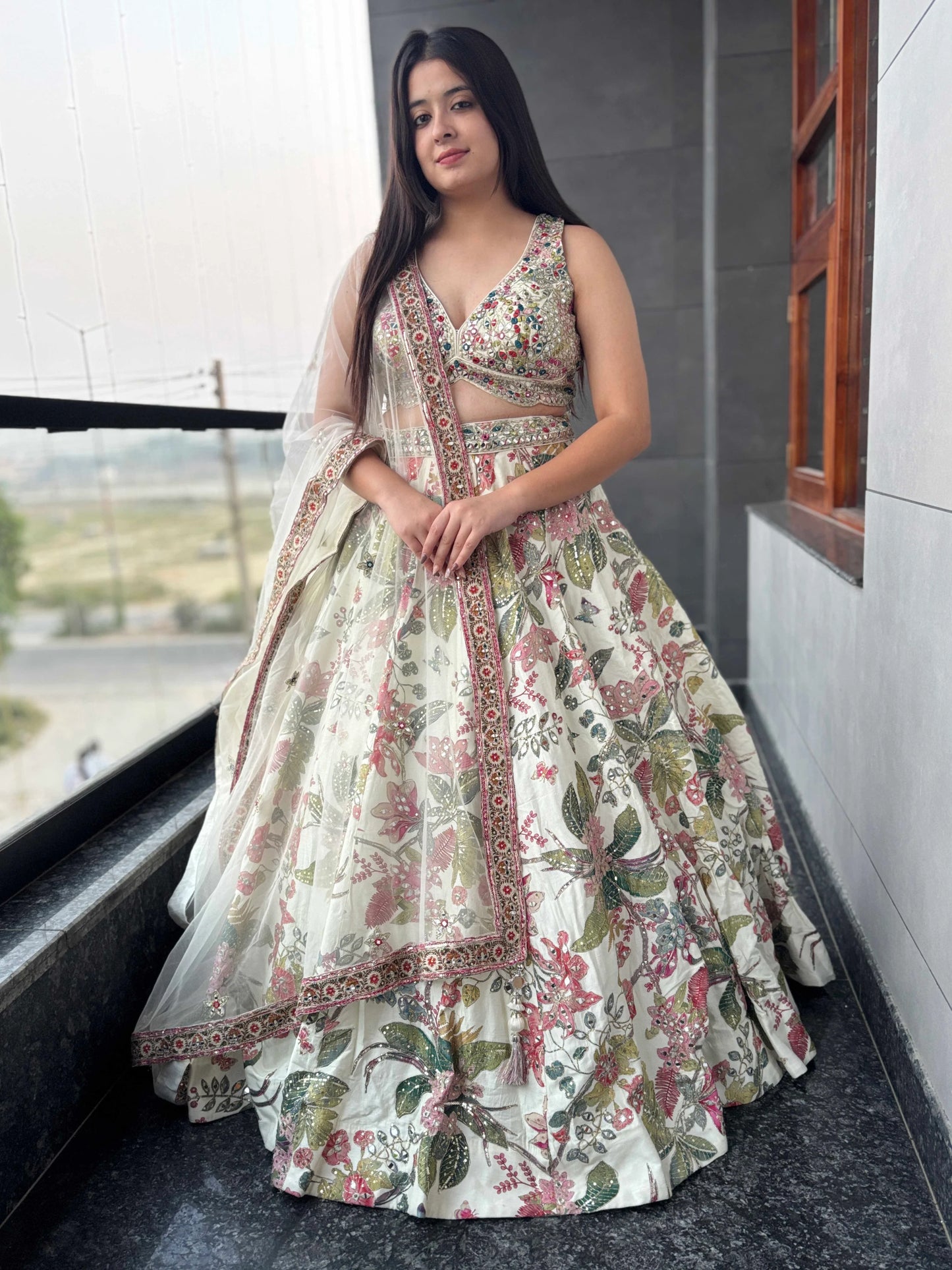 Bloom V-Neck Lehenga Set in Floral Printed Embroidered Borders