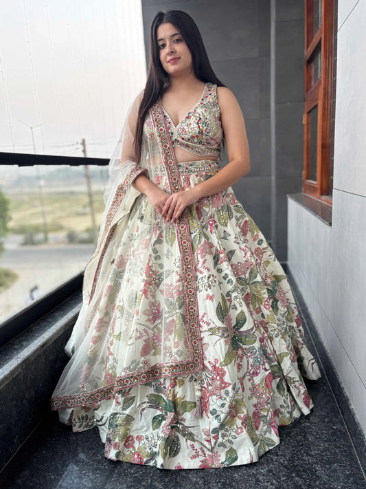 Bloom V-Neck Lehenga Set in Floral Printed Embroidered Borders